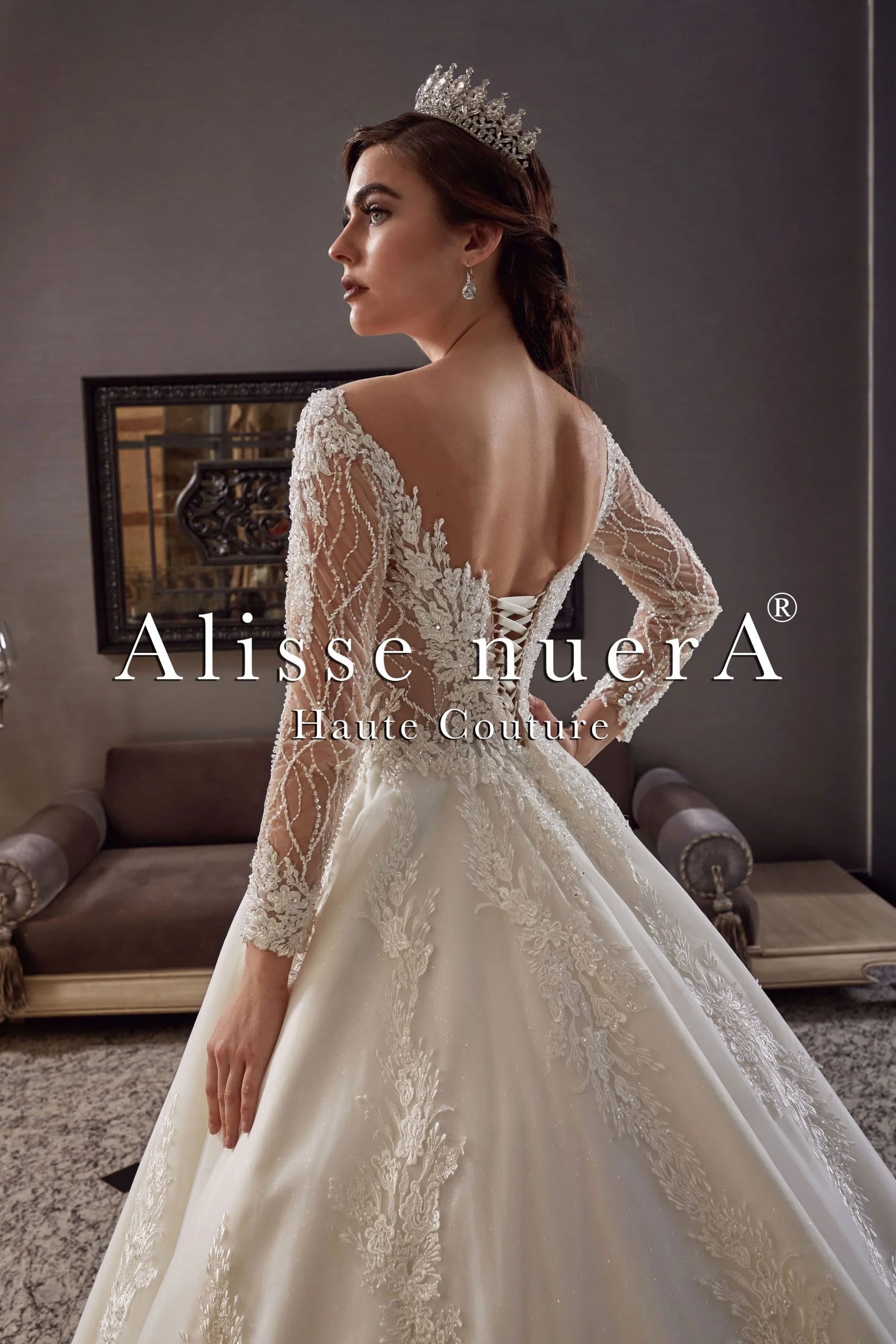 A Line Transparent Wedding Dress and Long Bridal Veil with Lace Hem- Alisse Bridal Off White / Lace / 26