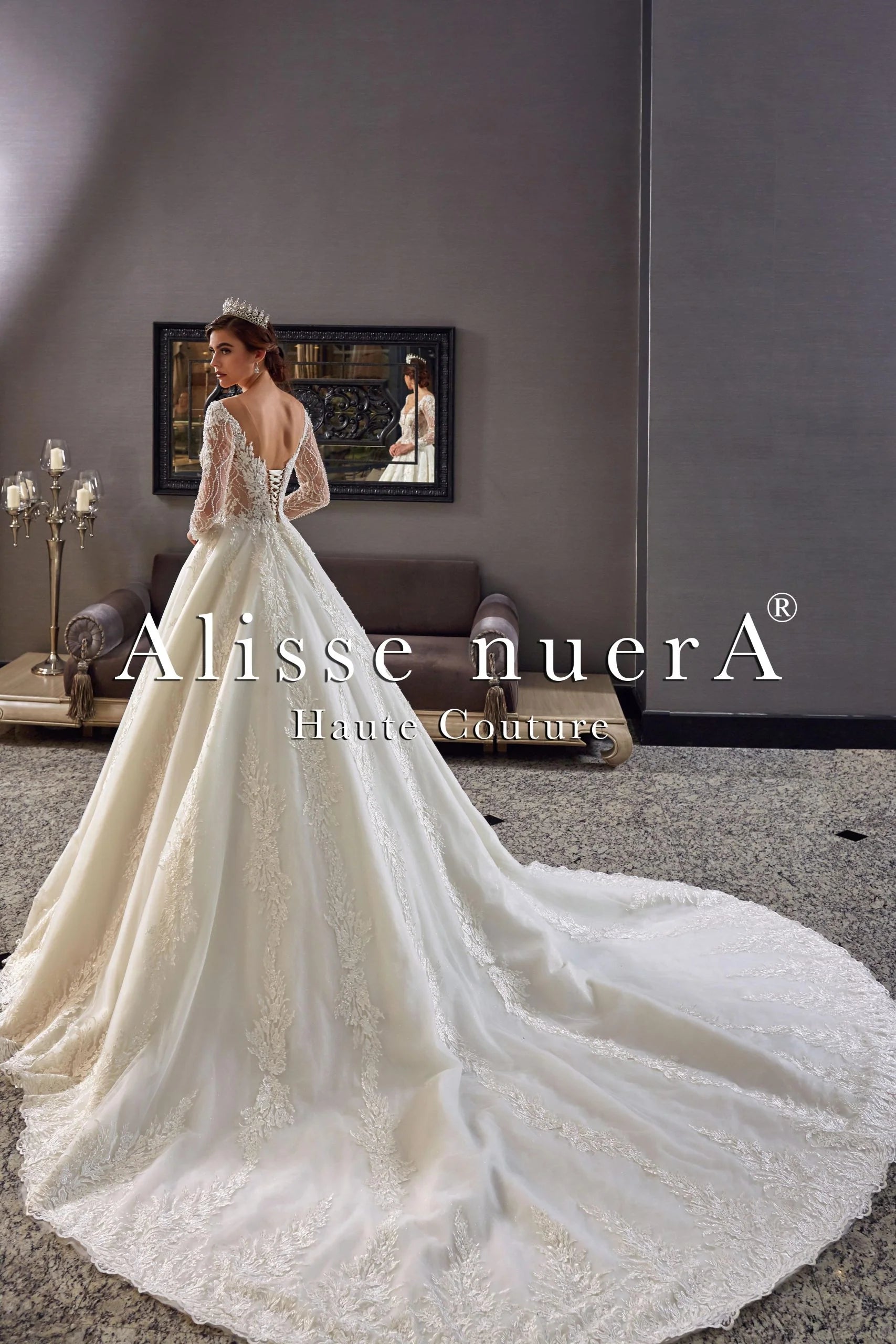 A Line Transparent Wedding Dress and Long Bridal Veil with Lace Hem- Alisse Bridal Off White / Lace / 26 A Line Transparent Wedding Dress and Long Bridal Veil with Lace Hem- Alisse Bridal Off White / Lace / 26