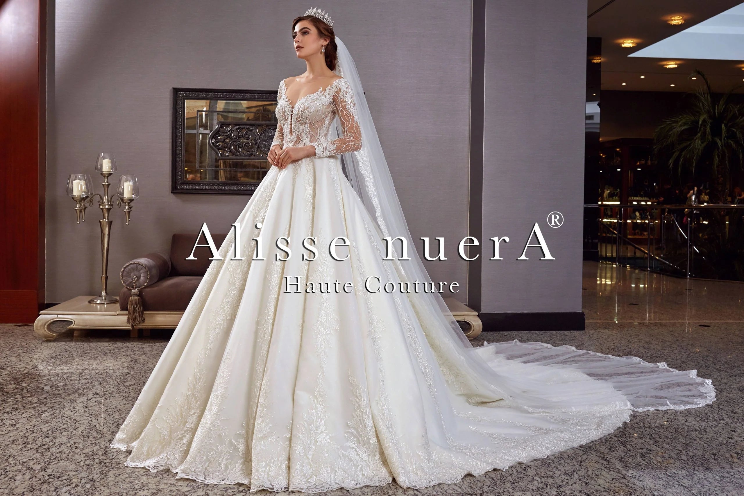 A Line Transparent Wedding Dress and Long Bridal Veil with Lace Hem- Alisse Bridal Off White / Lace / 26 A Line Transparent Wedding Dress and Long Bridal Veil with Lace Hem- Alisse Bridal Off White / Lace / 26