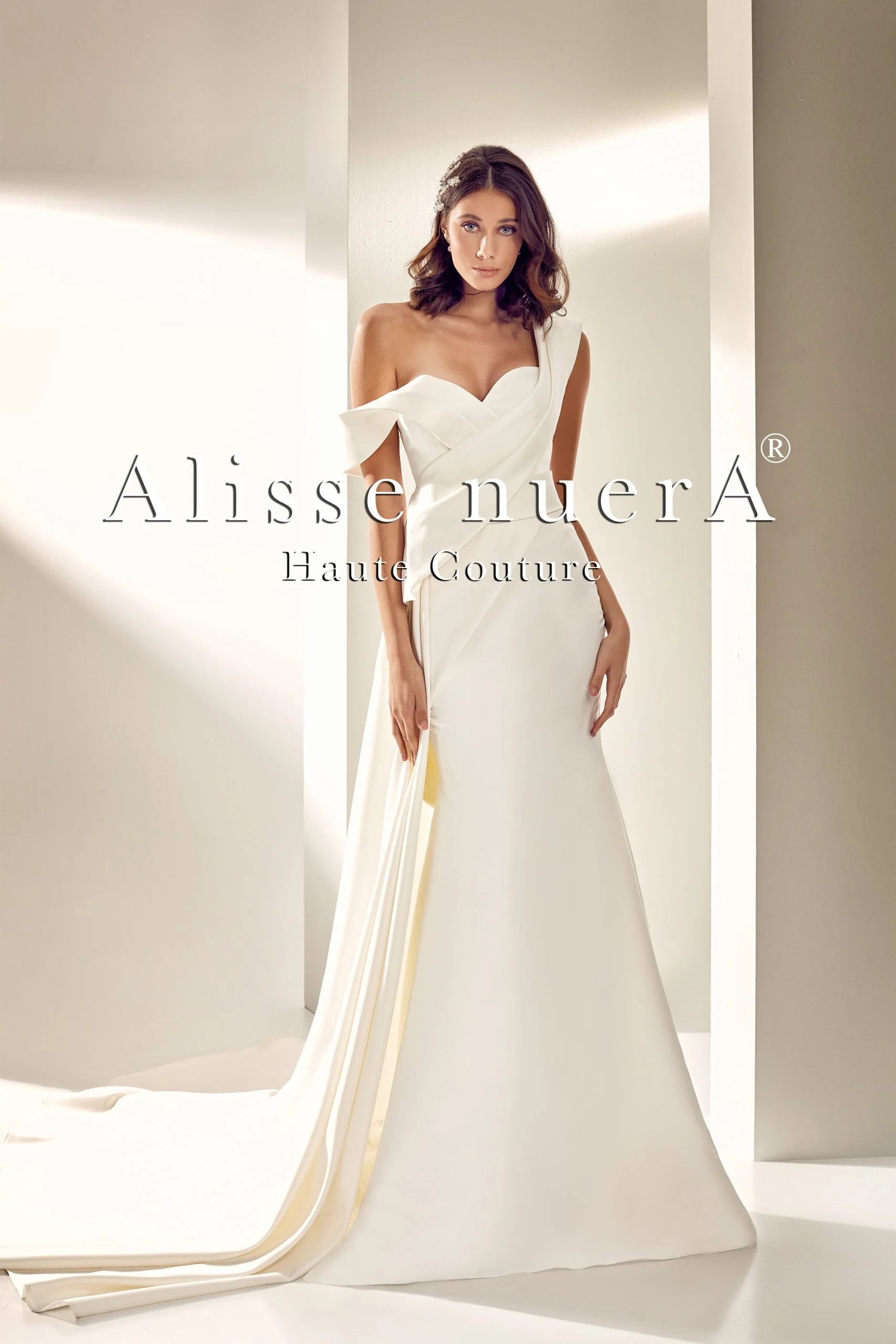Asymmetric Shoulder Sweetheart Draped Satin A Line Bridal Gown - Alisse Bridal Asymmetric Shoulder Sweetheart Draped Satin A Line Bridal Gown - Alisse Bridal