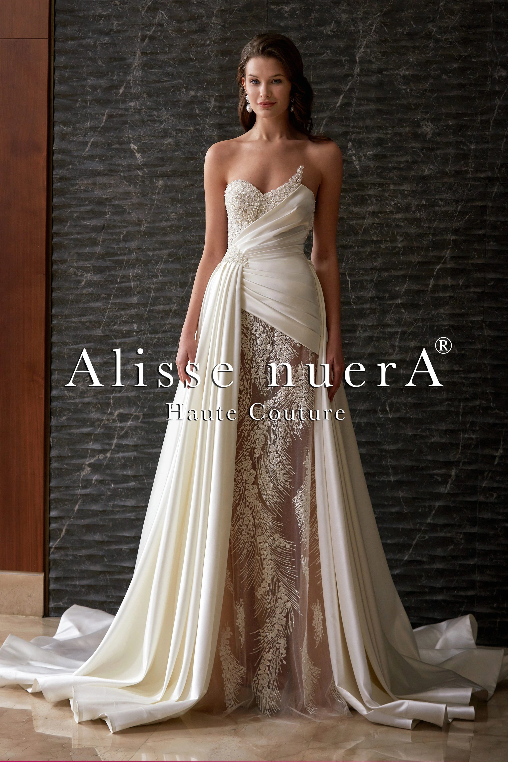 Asymmetrical Cut Draped Wedding Dress Transparent Lace Fit & Flare