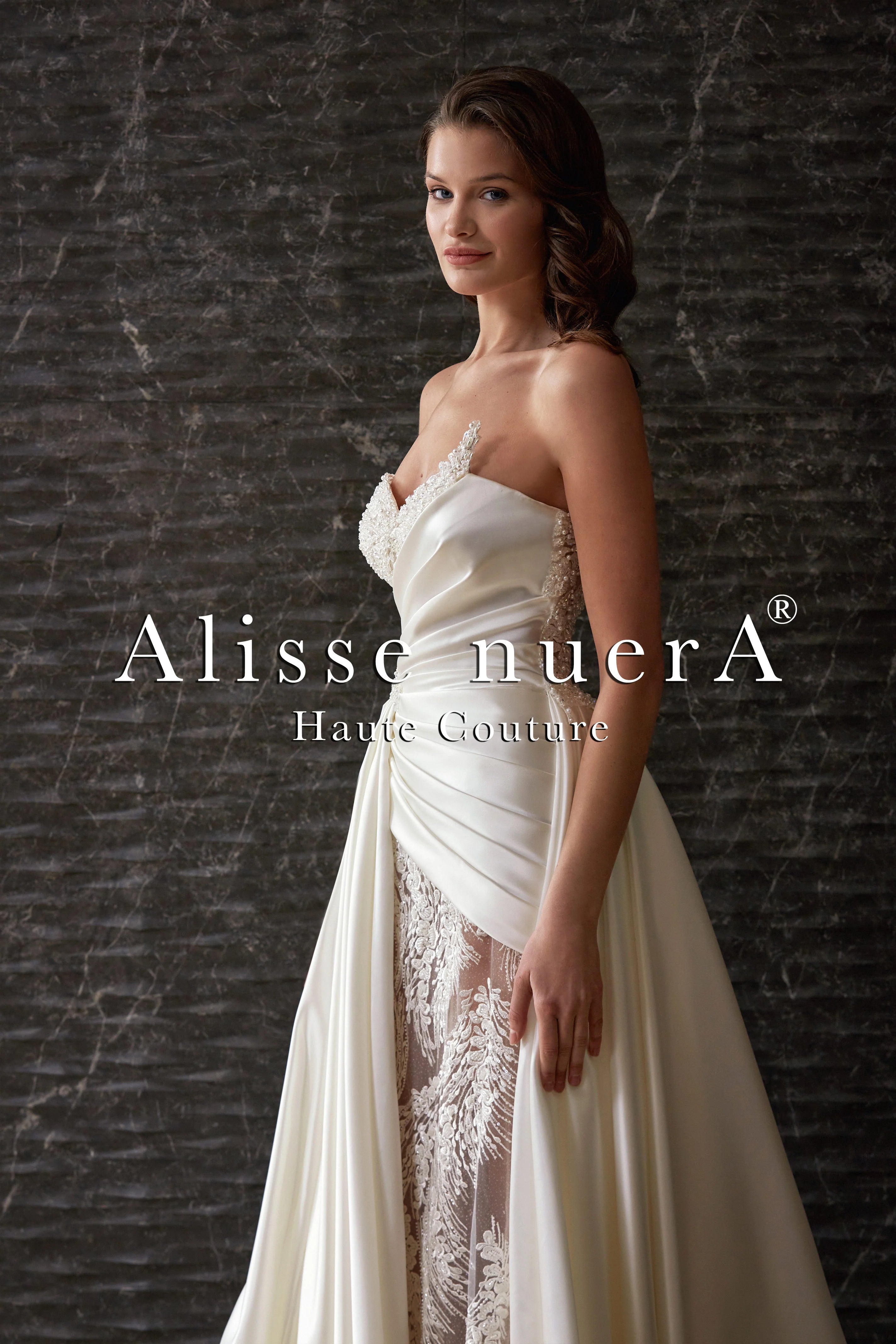 Asymmetrical Cut Draped Wedding Dress Transparent Lace Fit & Flare - Alisse Bridal Ivory / Lace / Satin / 16 Asymmetrical Cut Draped Wedding Dress Transparent Lace Fit & Flare - Alisse Bridal Ivory / Lace / Satin / 16