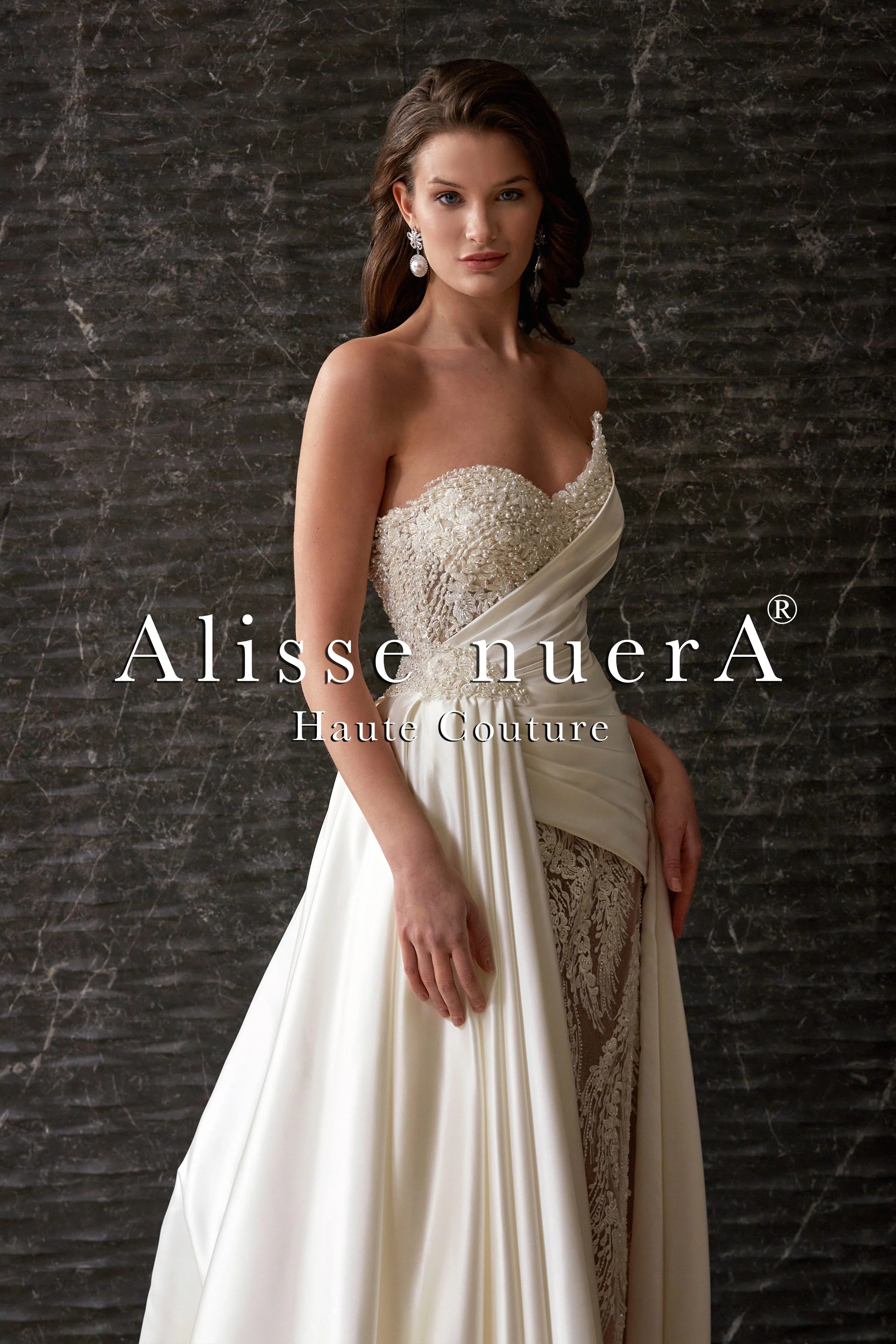 Asymmetrical Cut Draped Wedding Dress Transparent Lace Fit & Flare - Alisse Bridal Ivory / Lace / Satin / 16 Asymmetrical Cut Draped Wedding Dress Transparent Lace Fit & Flare - Alisse Bridal Ivory / Lace / Satin / 16