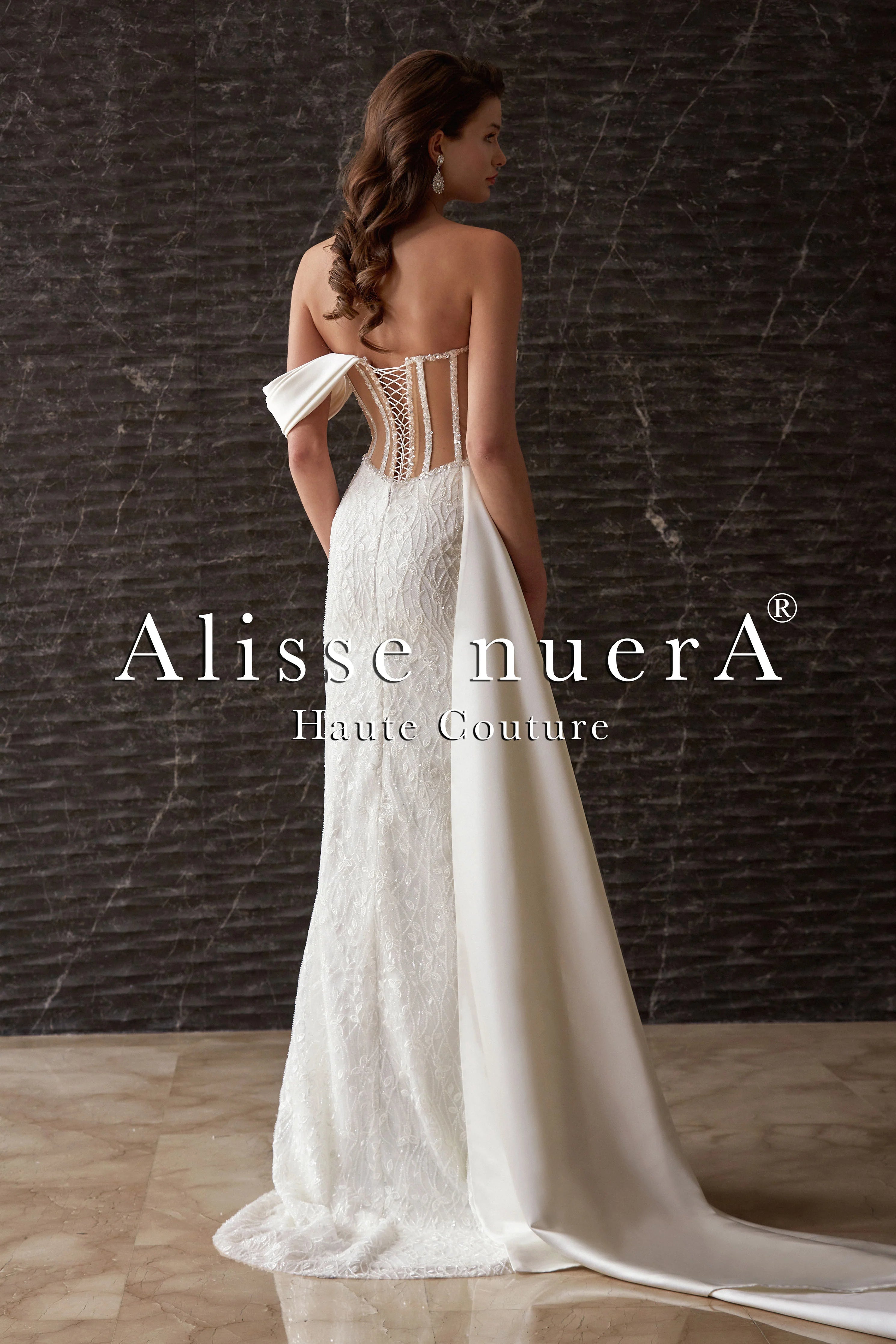 Asymmetrical Satin Draped Corset Back Sheath Bridal Dress with Detachable Satin Train - Alisse Bridal Ivory / Lace - Satin / 18 Asymmetrical Satin Draped Corset Back Sheath Bridal Dress with Detachable Satin Train - Alisse Bridal Ivory / Lace - Satin / 18