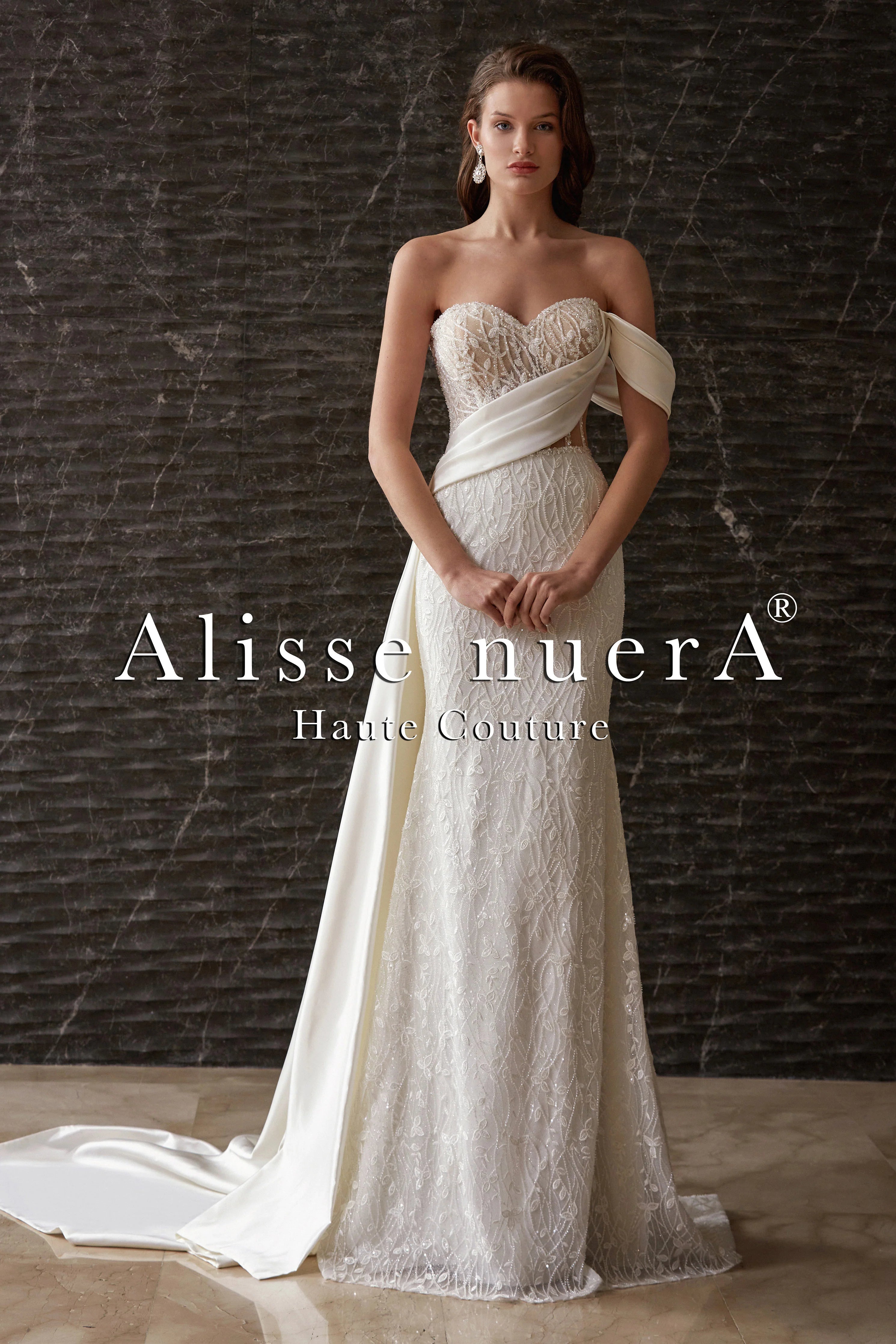 Asymmetrical Satin Draped Corset Back Sheath Bridal Dress with Detachable Satin Train - Alisse Bridal Ivory / Lace - Satin / 18 Asymmetrical Satin Draped Corset Back Sheath Bridal Dress with Detachable Satin Train - Alisse Bridal Ivory / Lace - Satin / 18