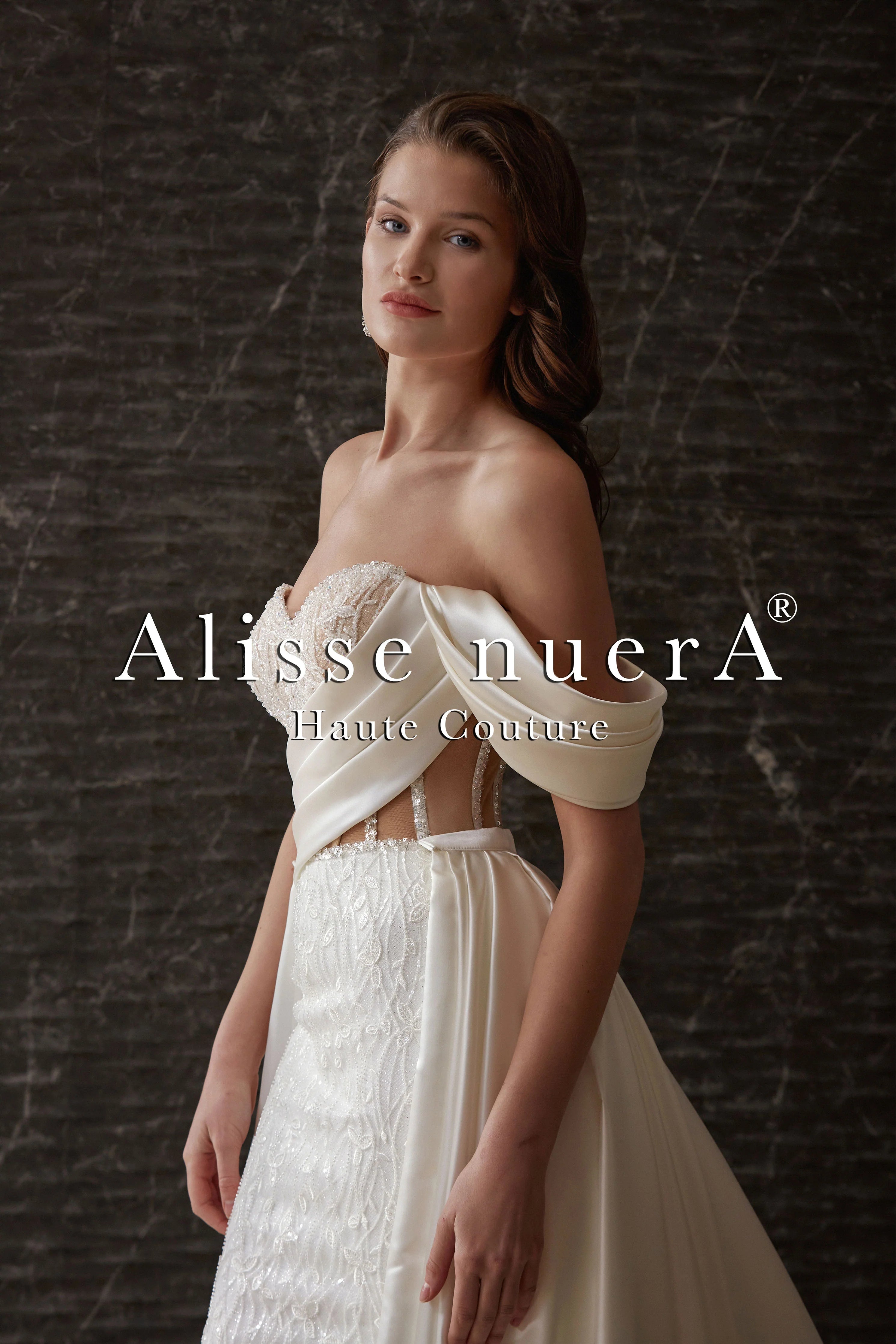 Asymmetrical Satin Draped Corset Back Sheath Bridal Dress with Detachable Satin Train - Alisse Bridal Ivory / Lace - Satin / 18 Asymmetrical Satin Draped Corset Back Sheath Bridal Dress with Detachable Satin Train - Alisse Bridal Ivory / Lace - Satin / 18