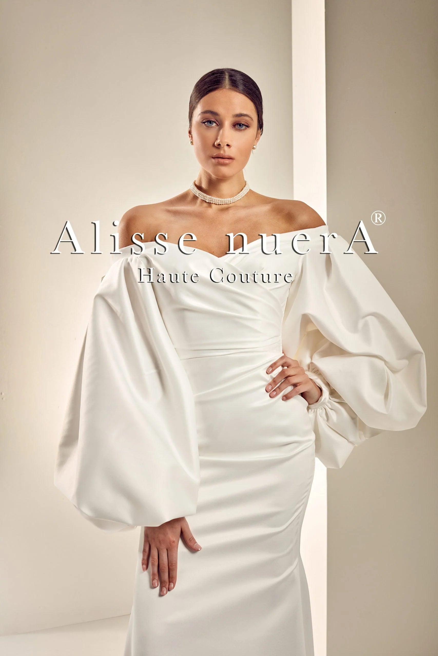 Boat Neck Puff Sleeve Satin Simple Wedding Ceremony Gown - Alisse Bridal Off White / Satin / 8 Boat Neck Puff Sleeve Satin Simple Wedding Ceremony Gown - Alisse Bridal Off White / Satin / 8