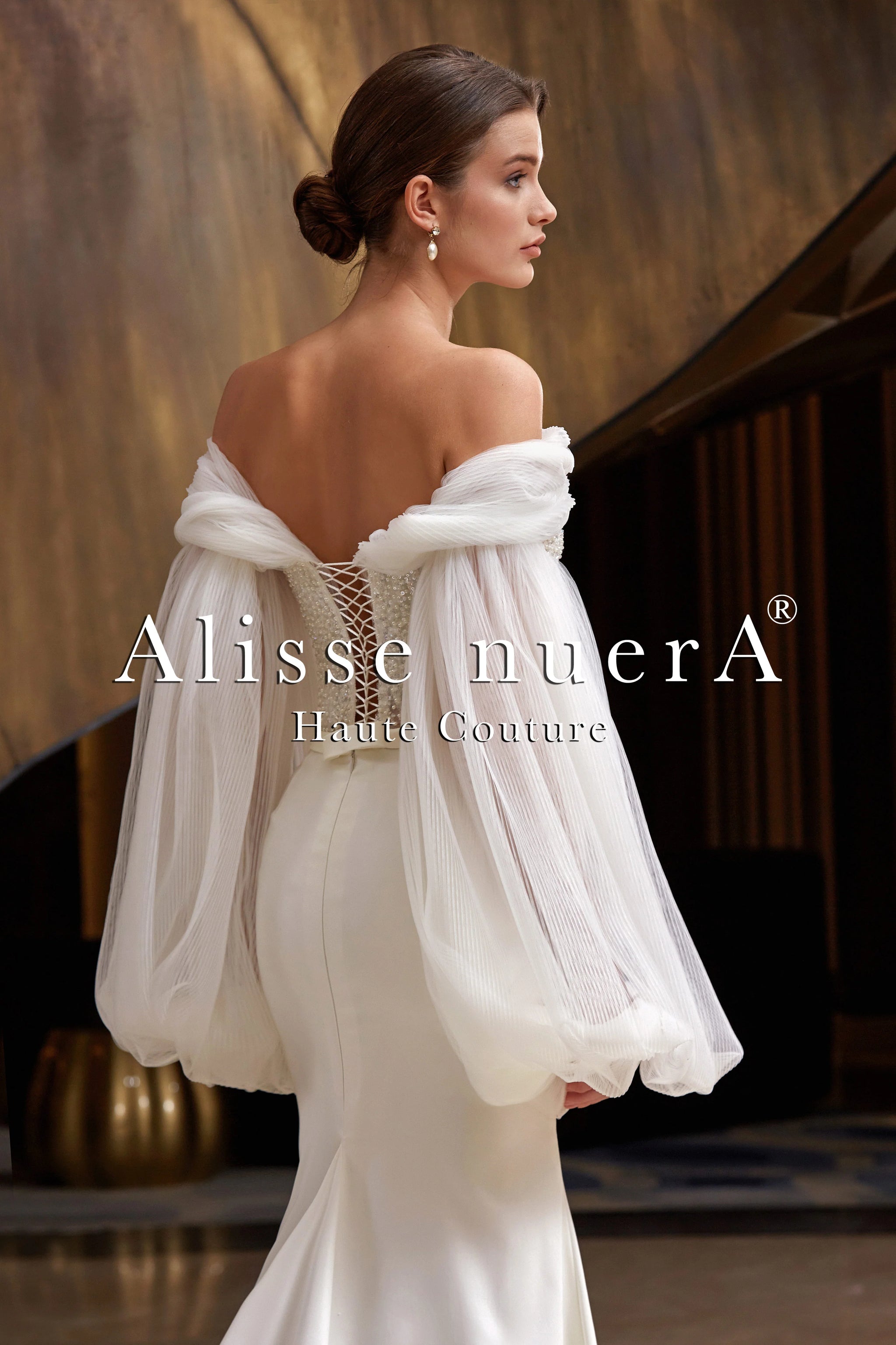 Cathedral Train Off Shoulder Long Wide Sleeve Bridal Dress Alisse nuerA