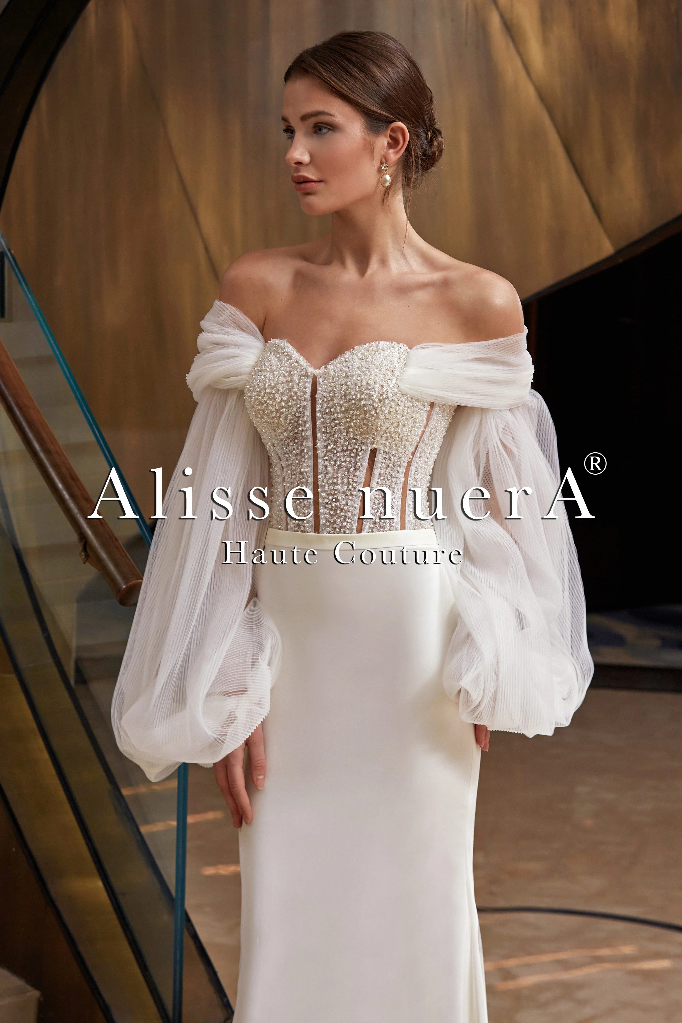 Cathedral Train Off Shoulder Long Wide Sleeve Bridal Dress - Alisse Bridal Off White / Lace / 10 Cathedral Train Off Shoulder Long Wide Sleeve Bridal Dress - Alisse Bridal Off White / Lace / 10