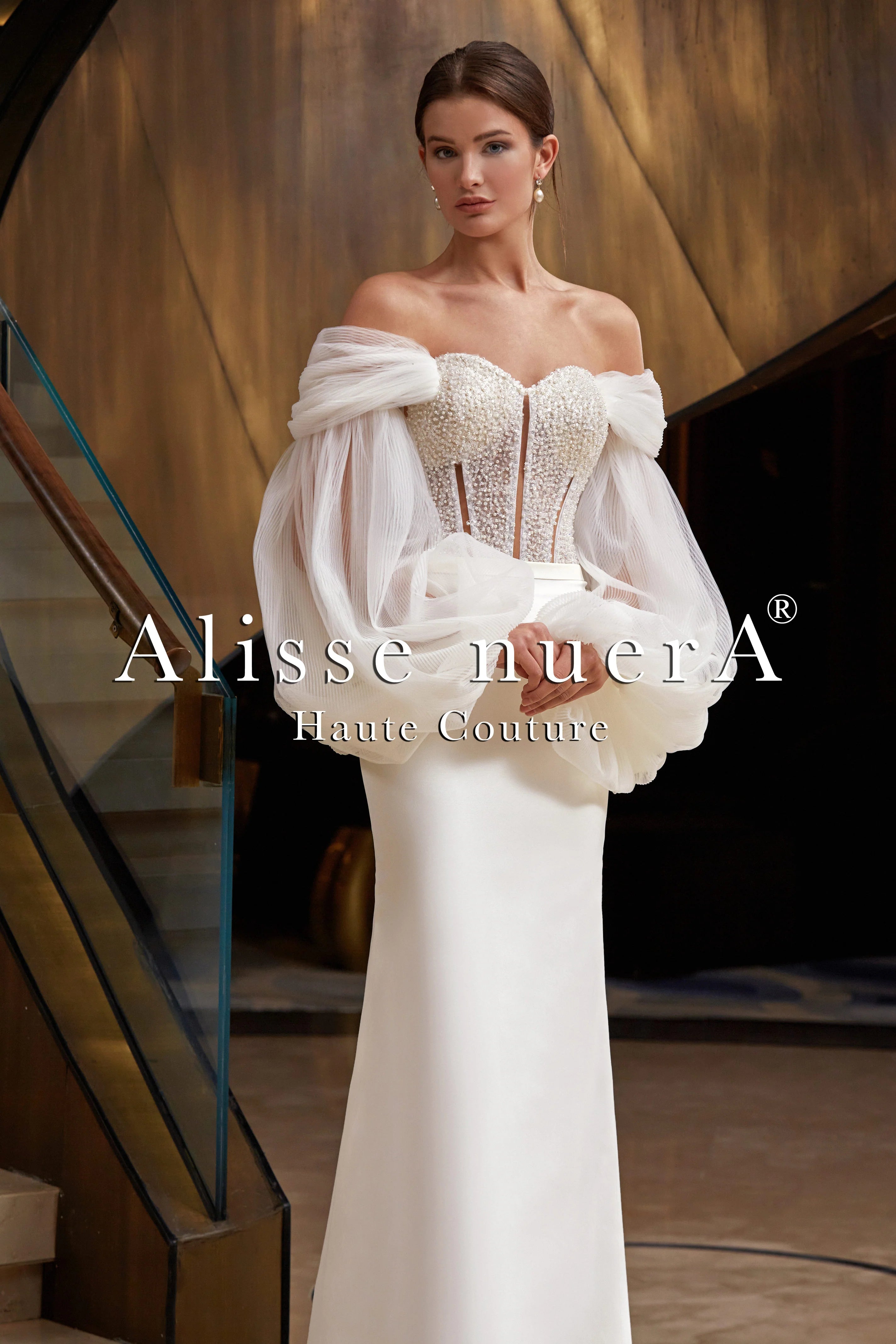 Cathedral Train Off Shoulder Long Wide Sleeve Bridal Dress - Alisse Bridal Off White / Lace / 10 Cathedral Train Off Shoulder Long Wide Sleeve Bridal Dress - Alisse Bridal Off White / Lace / 10