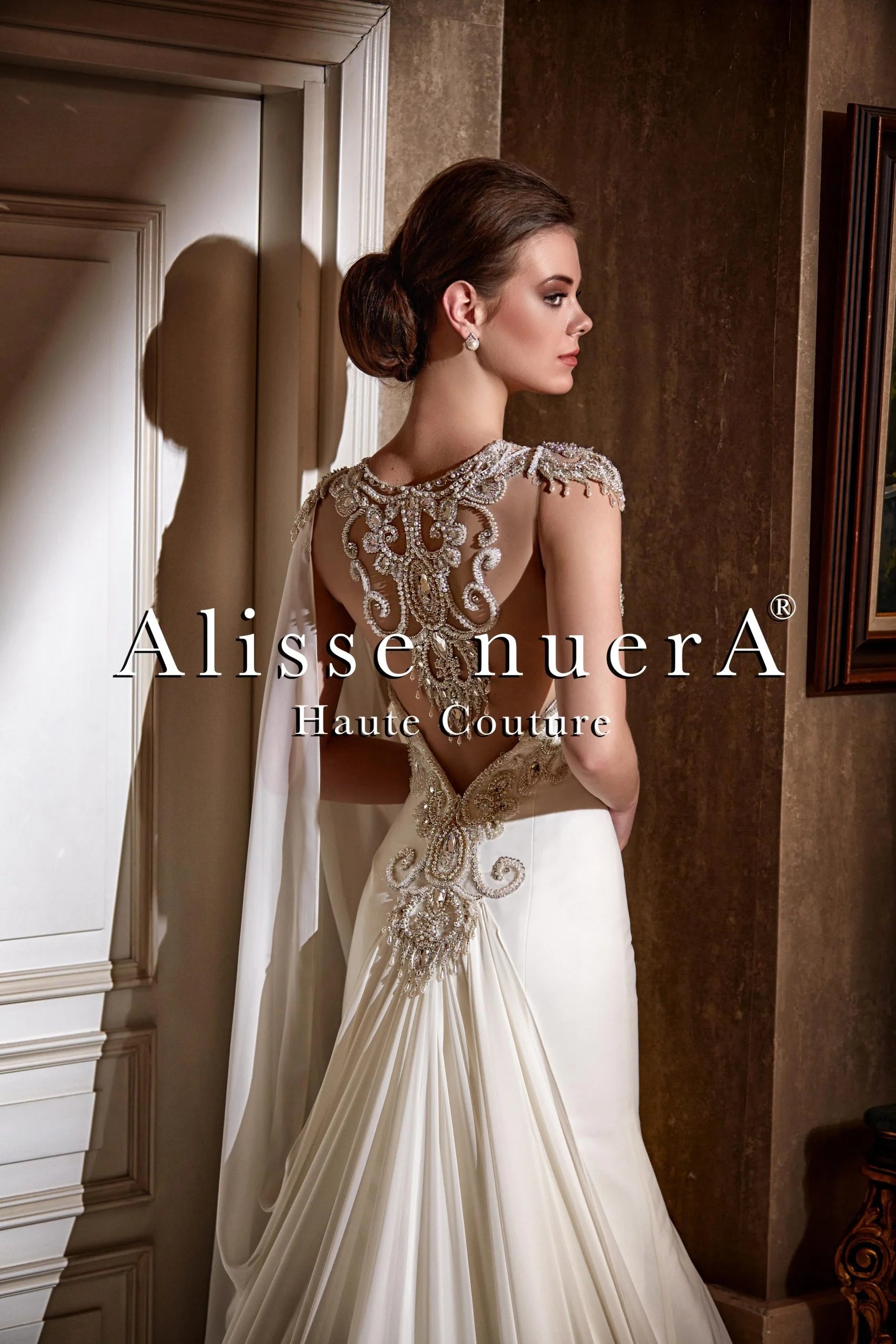 Crystal Embroidered Transparent Back Chiffon Wedding Dress with Removable Shoulder Cape - Alisse Bridal Snow/Winter/Diamond White / Chiffon