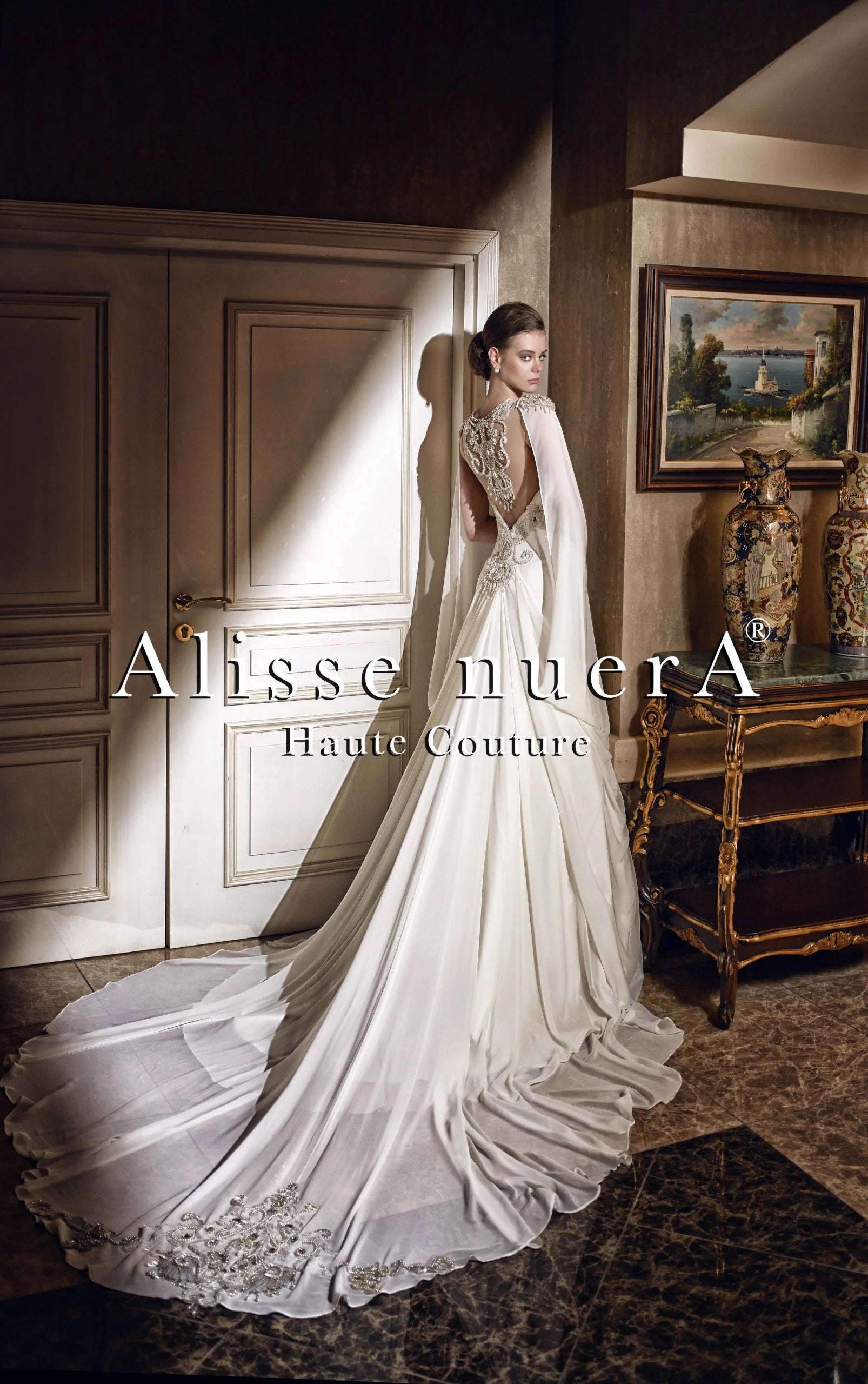Crystal Embroidered Transparent Back Chiffon Wedding Dress with Removable Shoulder Cape - Alisse Bridal Snow/Winter/Diamond White / Chiffon - Stones / Crystal Embroidered Transparent Back Chiffon Wedding Dress with Removable Shoulder Cape - Alisse Bridal Snow/Winter/Diamond White / Chiffon - Stones /
