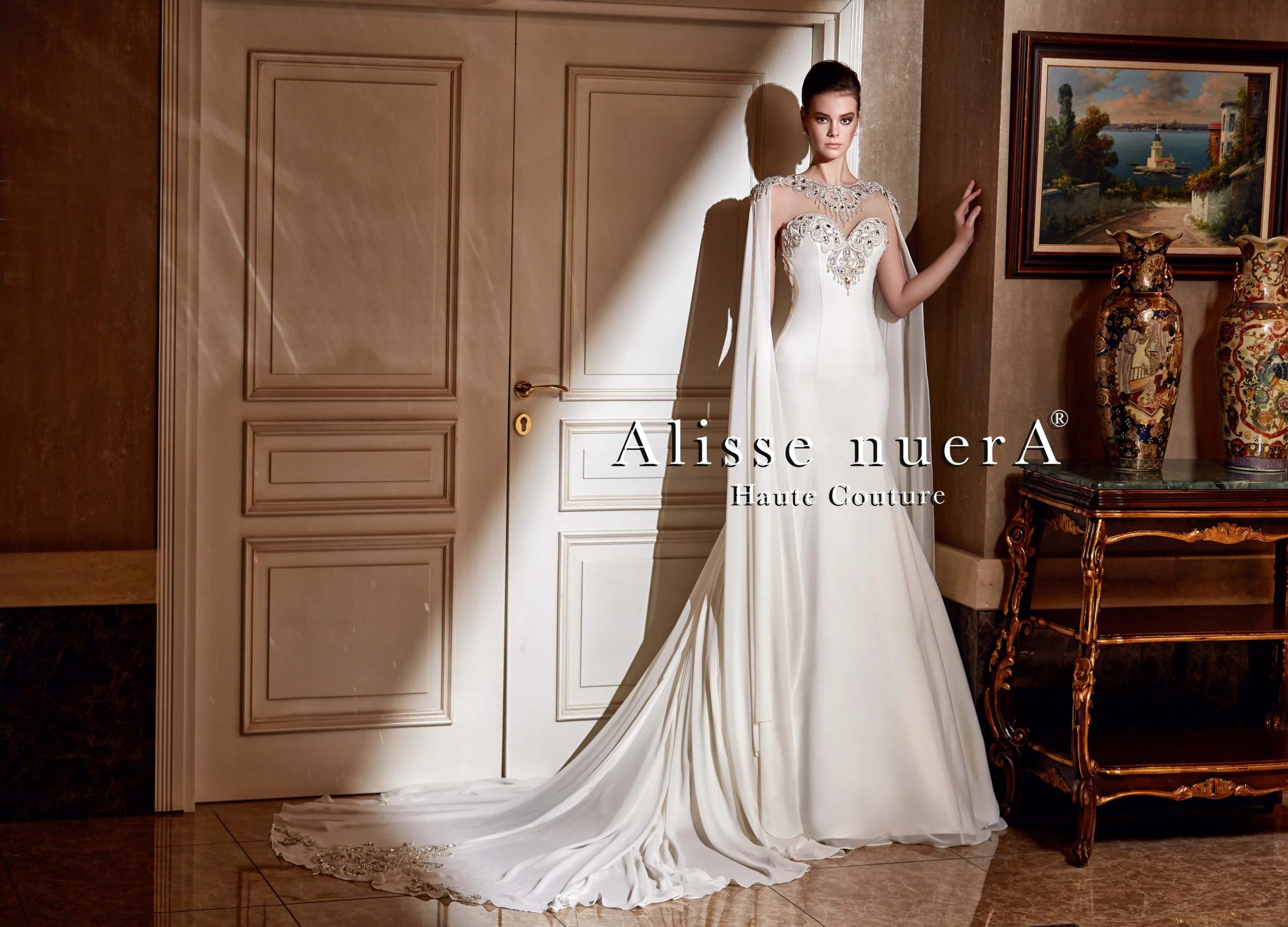 Crystal Embroidered Transparent Back Chiffon Wedding Dress with Removable Shoulder Cape - Alisse Bridal Snow/Winter/Diamond White / Chiffon - Stones / Crystal Embroidered Transparent Back Chiffon Wedding Dress with Removable Shoulder Cape - Alisse Bridal Snow/Winter/Diamond White / Chiffon - Stones /