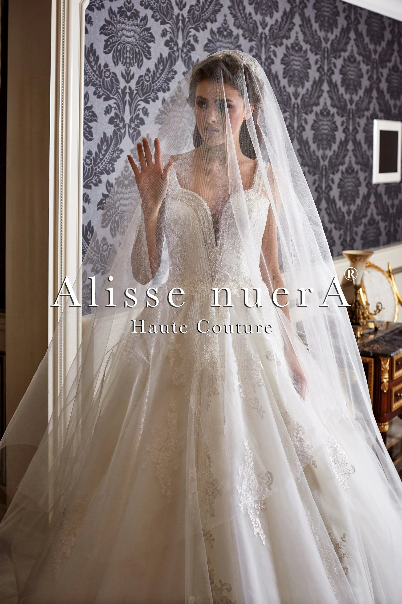 Crystals Embroidered Sparkling Square Neck A Line Wedding Gown - Alisse Bridal Off White / Lace / 2 Crystals Embroidered Sparkling Square Neck A Line Wedding Gown - Alisse Bridal Off White / Lace / 2