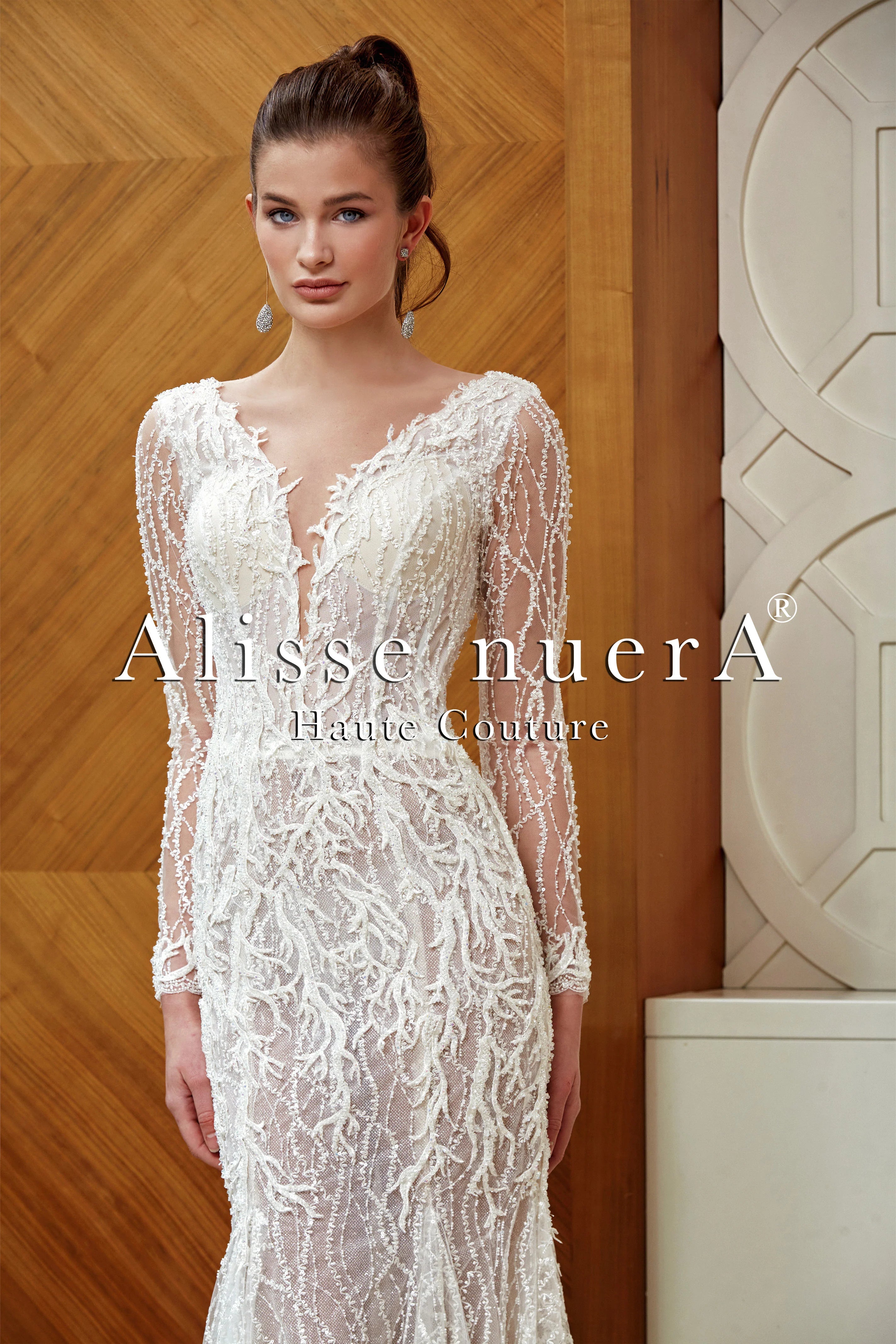 Deep V Neck Long Sleeve Lace Mermaid Bridal Gown