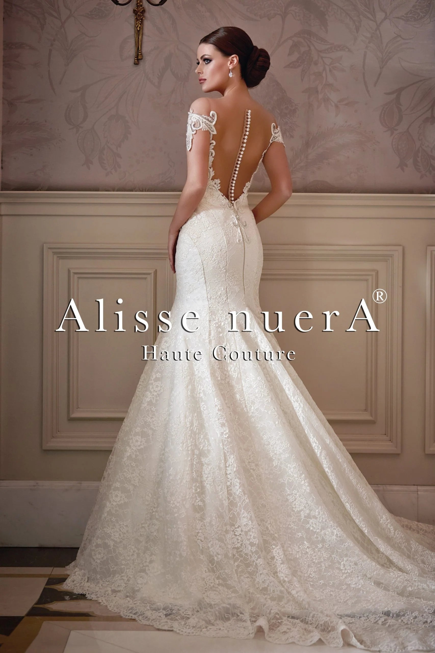 Embroidered Off the Shoulder Wedding Dress with Pearl Button Down Back Alisse nuerA Alisse Bridal