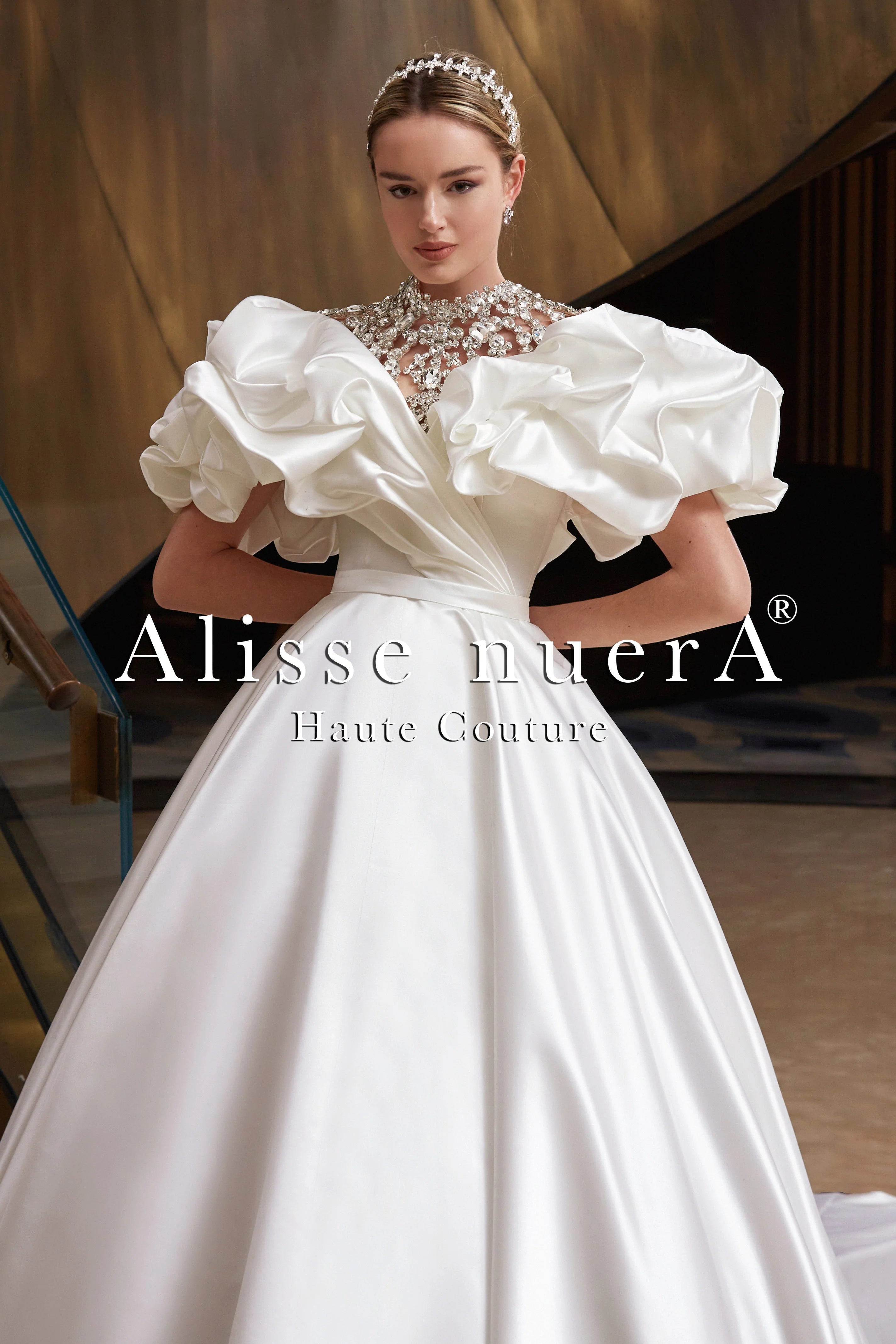 Empire Waist Satin Draped Puff Sleeve Ball Gown Bridal Dress - Alisse Bridal Empire Waist Satin Draped Puff Sleeve Ball Gown Bridal Dress - Alisse Bridal