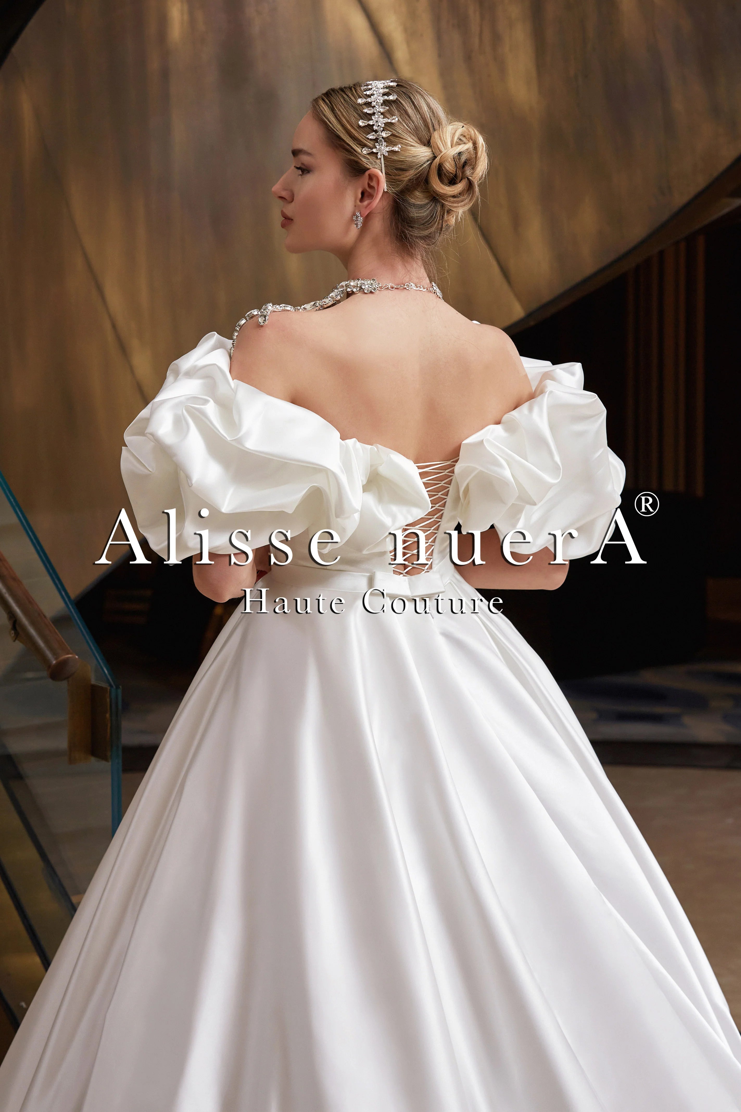 Empire Waist Satin Draped Puff Sleeve Ball Gown Bridal Dress with Rhinestone Bridal Necklace Alisse nuerA Alisse nuerA USA