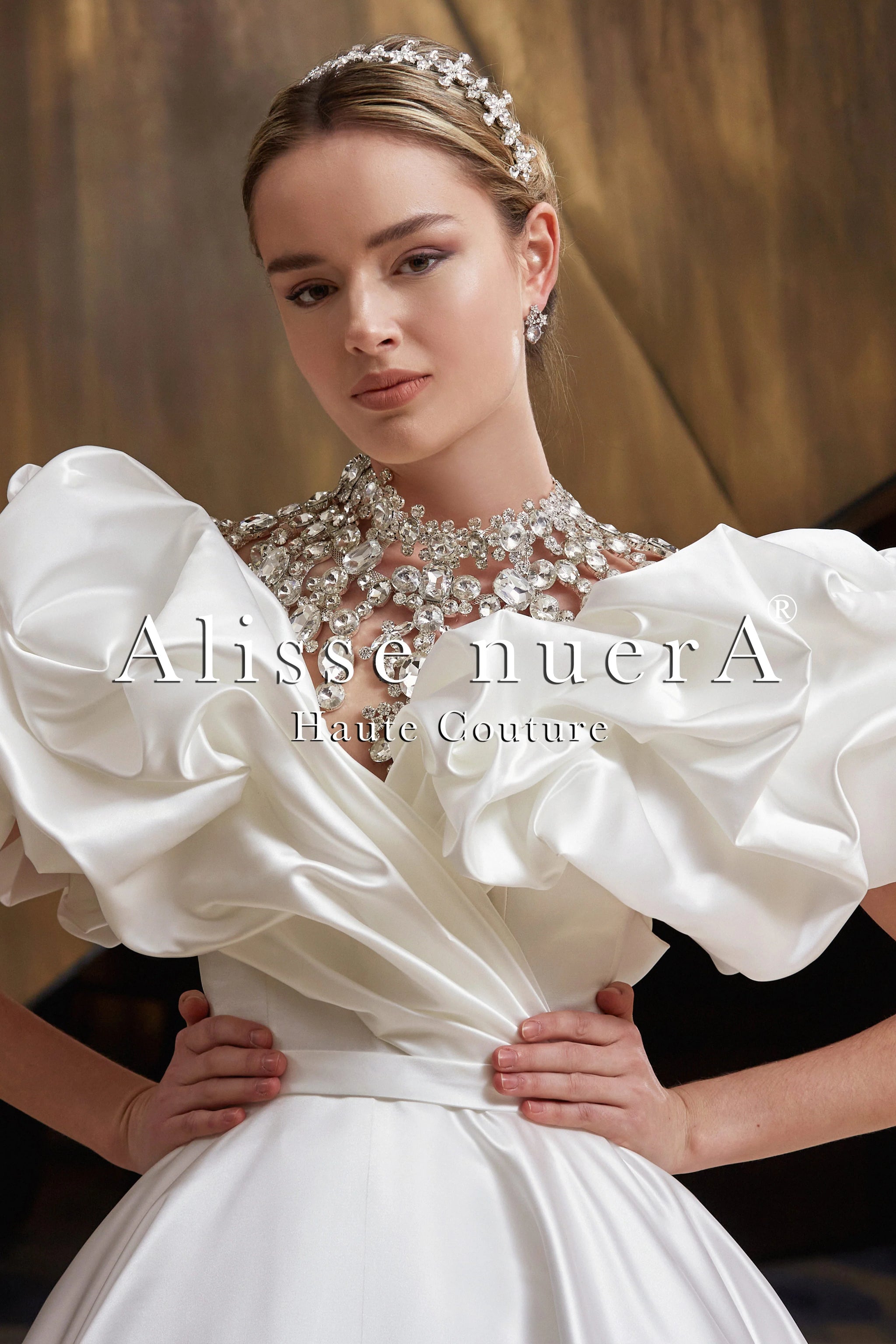 Empire Waist Satin Draped Puff Sleeve Ball Gown Bridal Dress - Alisse Bridal Off White / Satin / 4 Empire Waist Satin Draped Puff Sleeve Ball Gown Bridal Dress - Alisse Bridal Off White / Satin / 4