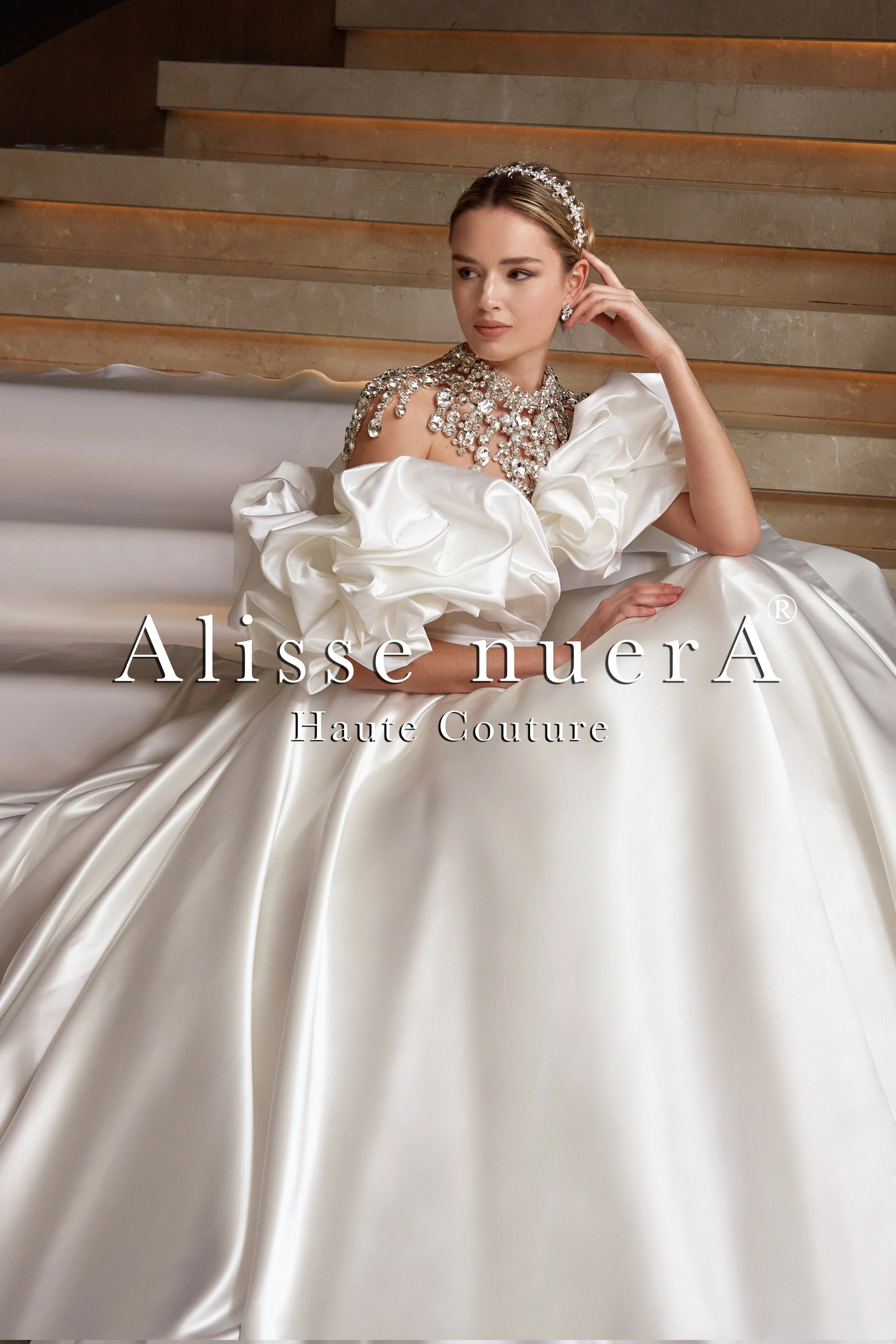 Empire Waist Satin Draped Puff Sleeve Ball Gown Bridal Dress - Alisse Bridal Off White / Satin / 4 Empire Waist Satin Draped Puff Sleeve Ball Gown Bridal Dress - Alisse Bridal Off White / Satin / 4