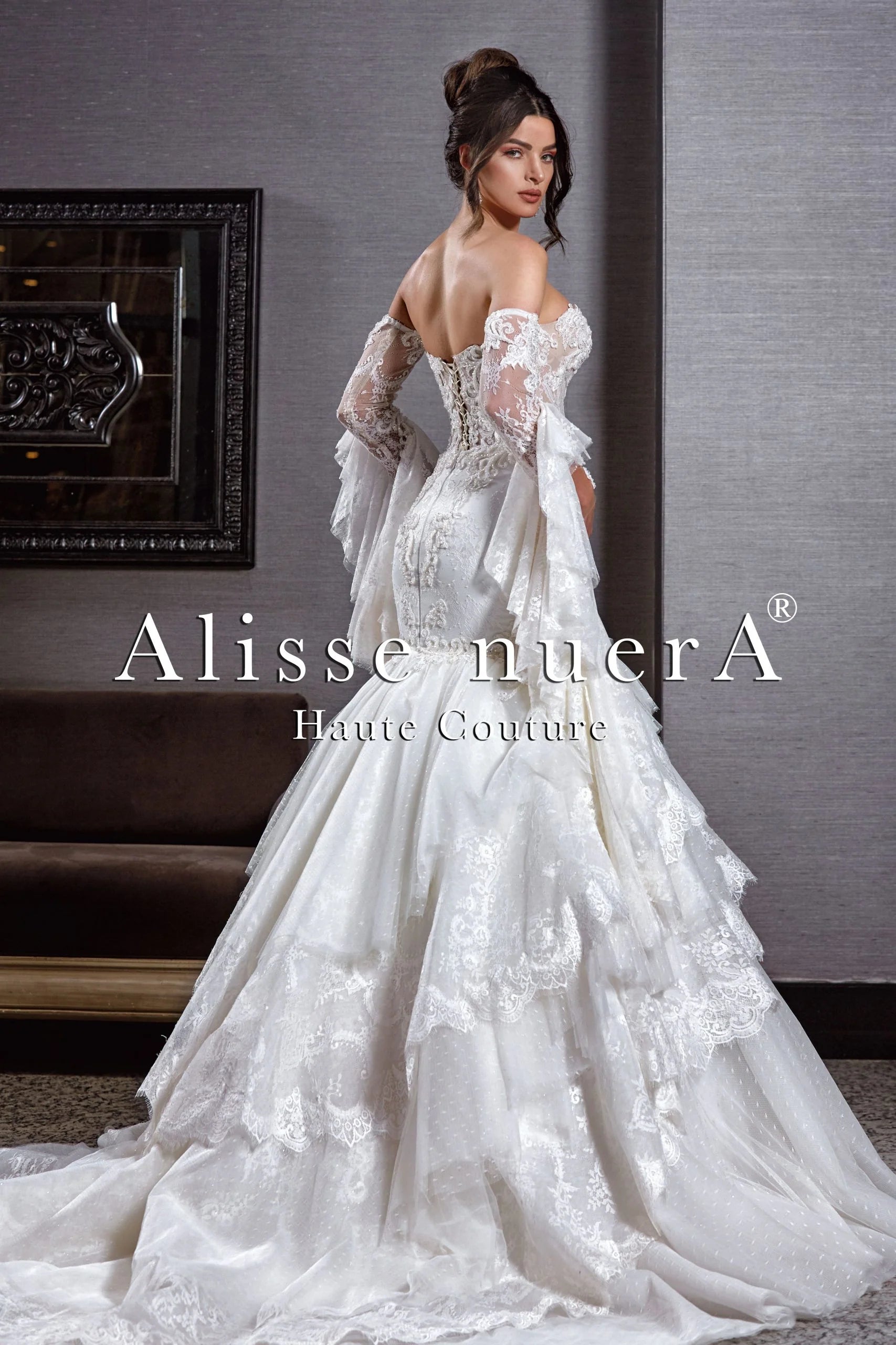 Flamenco Wedding Gown with Layered Trumpet Skirt and Detachable Layered Flare Sleeves - Alisse Bridal Off White / Lace / 8 Flamenco Wedding Gown with Layered Trumpet Skirt and Detachable Layered Flare Sleeves - Alisse Bridal Off White / Lace / 8
