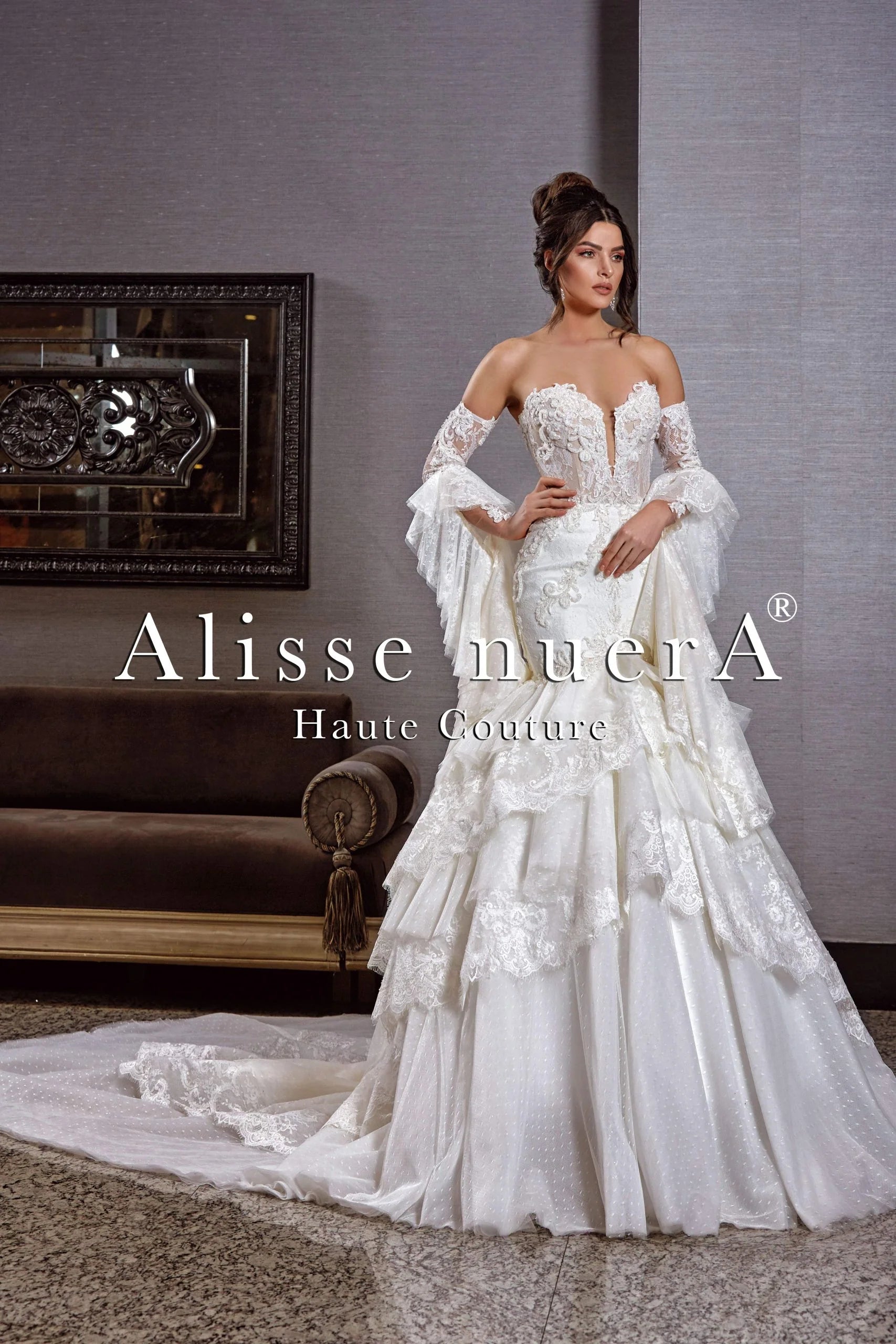Flamenco Wedding Gown with Layered Trumpet Skirt and Detachable Layered Flare Sleeves - Alisse Bridal Off White / Lace / 8 Flamenco Wedding Gown with Layered Trumpet Skirt and Detachable Layered Flare Sleeves - Alisse Bridal Off White / Lace / 8