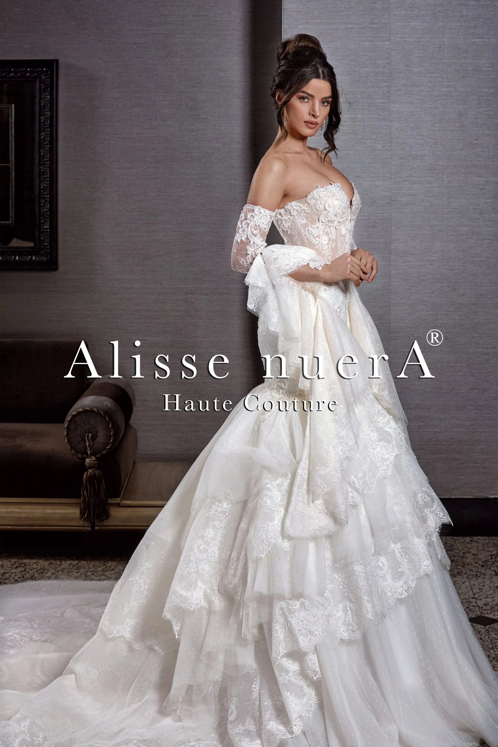 Flamenco Wedding Gown with Layered Trumpet Skirt and Detachable Layered Flare Sleeves - Alisse Bridal Off White / Lace / 8 Flamenco Wedding Gown with Layered Trumpet Skirt and Detachable Layered Flare Sleeves - Alisse Bridal Off White / Lace / 8