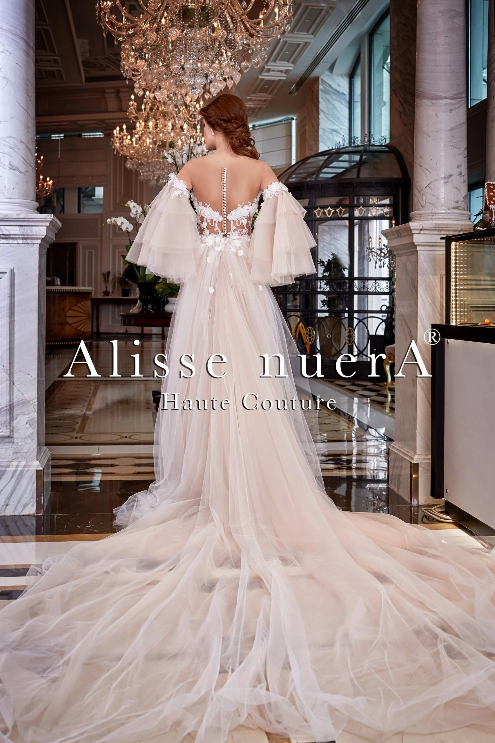 Floral Lace Cream Color Bridal Dress with Ruffle Sleeve - Alisse Bridal Cream / Lace