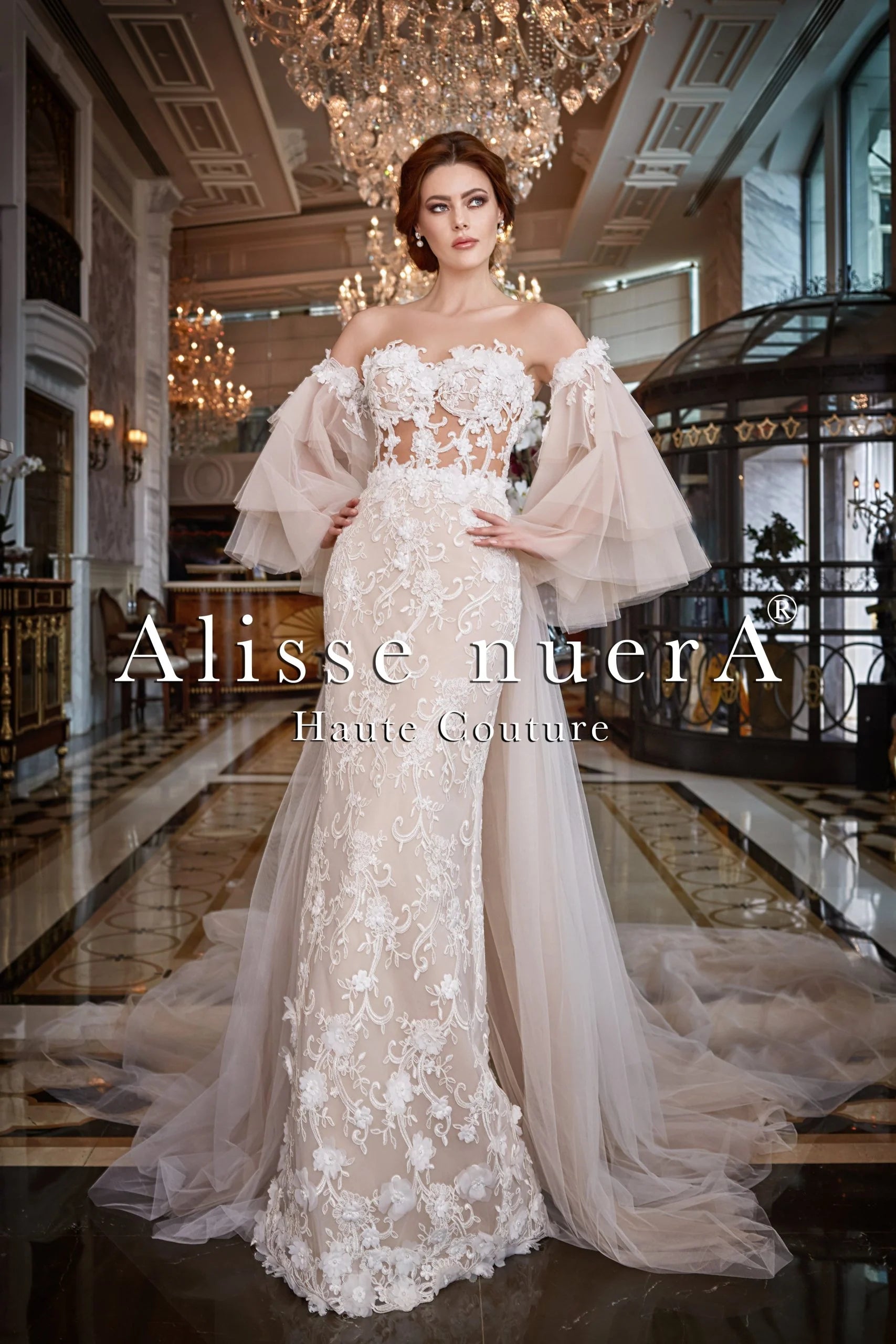Floral Lace Cream Color Bridal Dress with Ruffle Sleeve - Alisse Bridal Cream / Lace - Tulle / 30 Floral Lace Cream Color Bridal Dress with Ruffle Sleeve - Alisse Bridal Cream / Lace - Tulle / 30