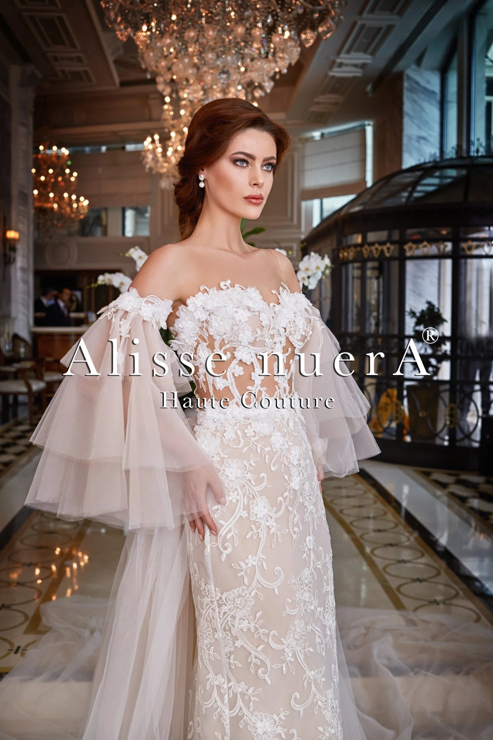 Floral Lace Cream Color Bridal Dress with Ruffle Sleeve Alisse nuerA Alisse Bridal