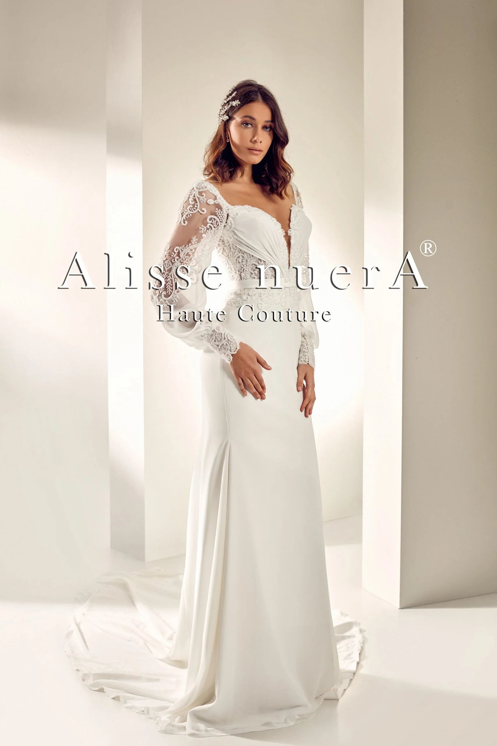 Floral Lace and Chiffon Sleeve V Neck Rustic Sheath Bridal Dress - Alisse Bridal Floral Lace and Chiffon Sleeve V Neck Rustic Sheath Bridal Dress - Alisse Bridal