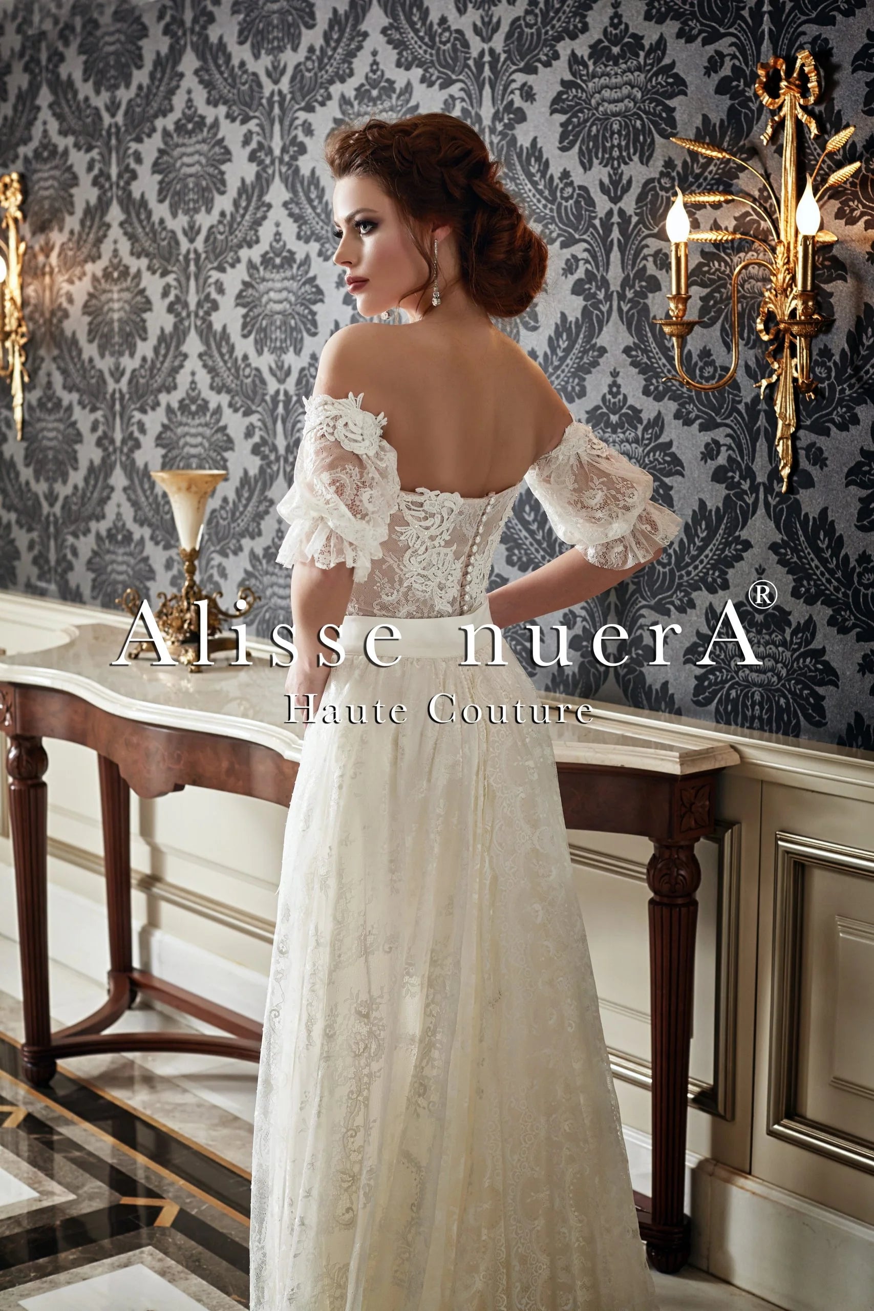 French Lace Detachable Mid Sleeve Wedding Dress with Overlay Lace Train - Alisse Bridal Off White / Lace - Silk / 20 French Lace Detachable Mid Sleeve Wedding Dress with Overlay Lace Train - Alisse Bridal Off White / Lace - Silk / 20
