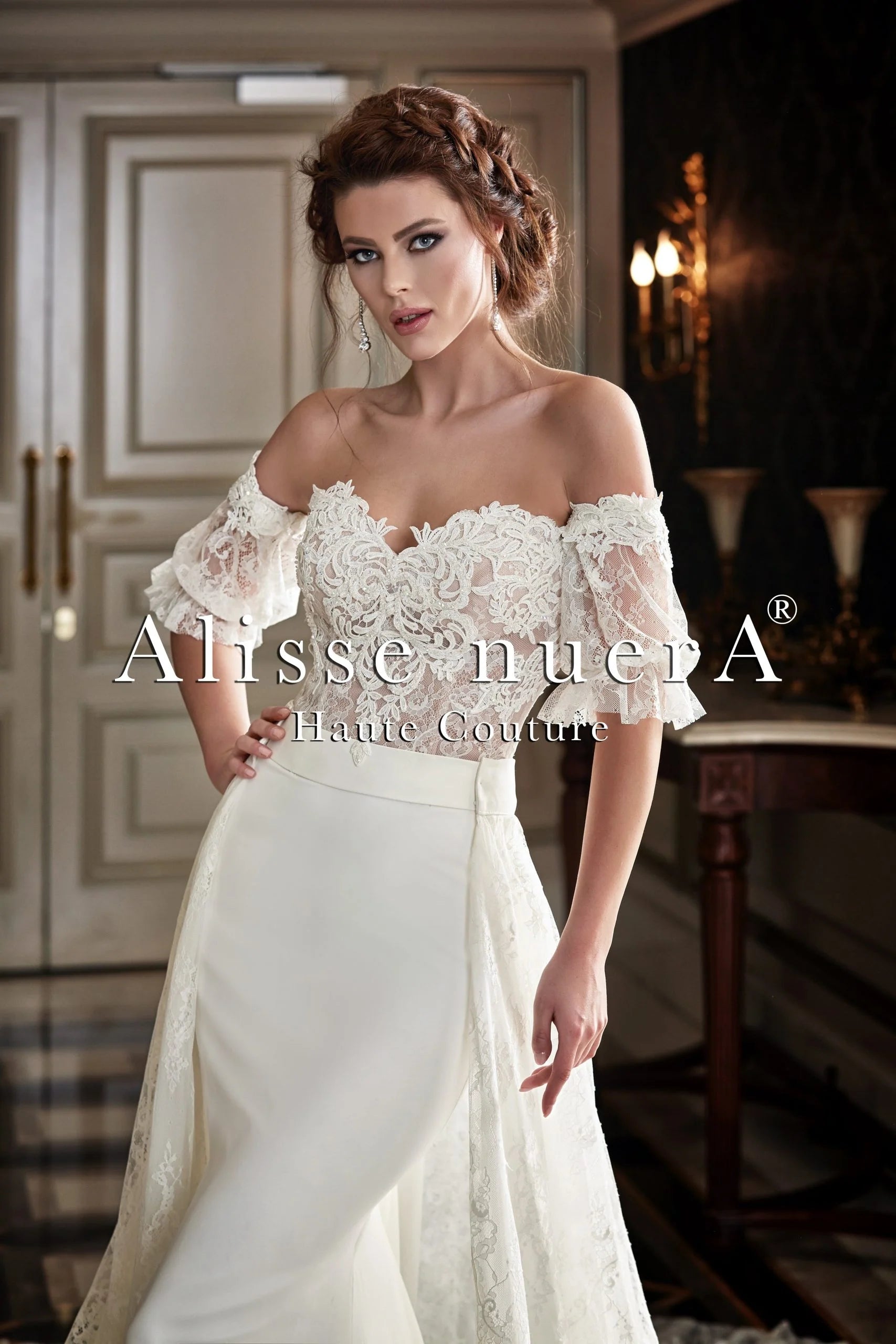 French Lace Detachable Mid Sleeve Wedding Dress with Overlay Lace Train