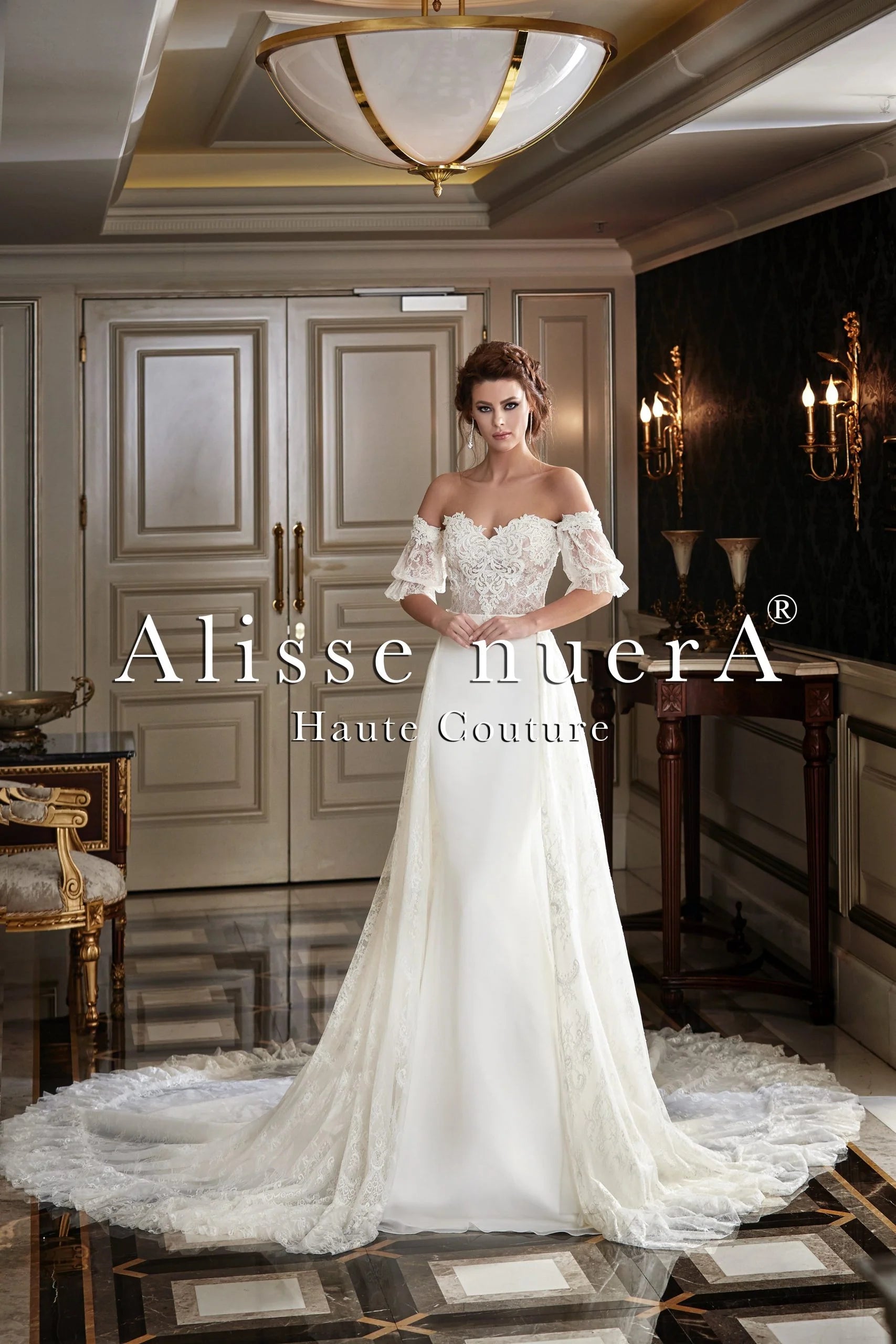 French Lace Detachable Mid Sleeve Wedding Dress with Overlay Lace Train - Alisse Bridal Off White / Lace - Silk / 20 French Lace Detachable Mid Sleeve Wedding Dress with Overlay Lace Train - Alisse Bridal Off White / Lace - Silk / 20