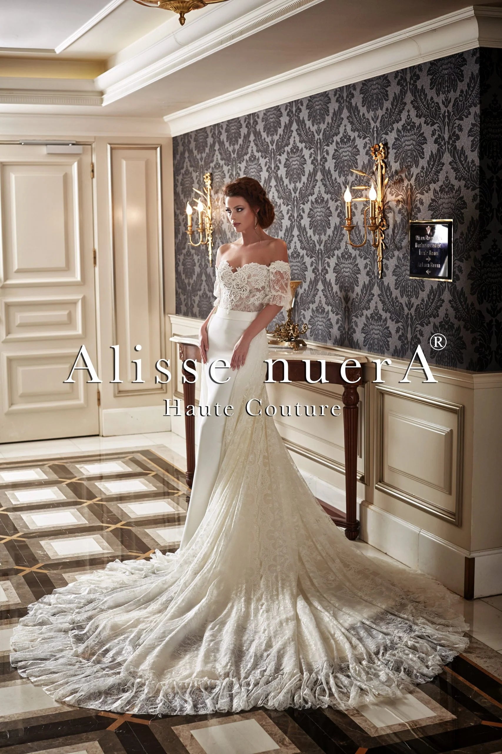 French Lace Detachable Mid Sleeve Wedding Dress with Overlay Lace Train - Alisse Bridal Off White / Lace - Silk / 20 French Lace Detachable Mid Sleeve Wedding Dress with Overlay Lace Train - Alisse Bridal Off White / Lace - Silk / 20