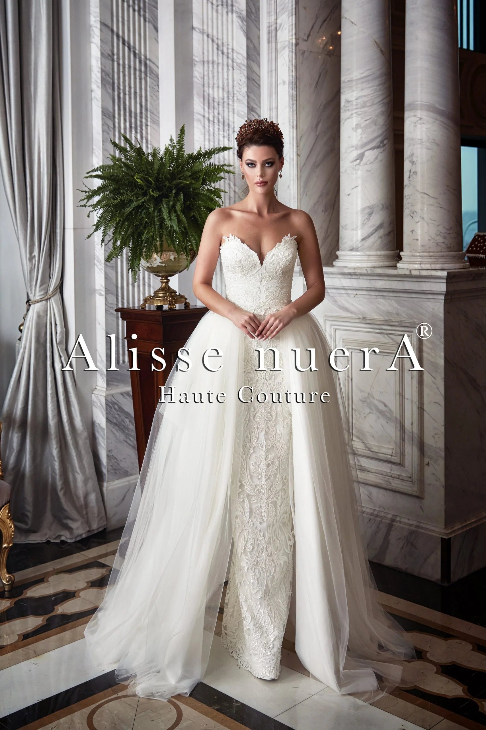 French Lace Sheath Wedding Dress with Removable Tulle Overskirt - Alisse Bridal Off White / Tulle - Lace / 10 French Lace Sheath Wedding Dress with Removable Tulle Overskirt - Alisse Bridal Off White / Tulle - Lace / 10