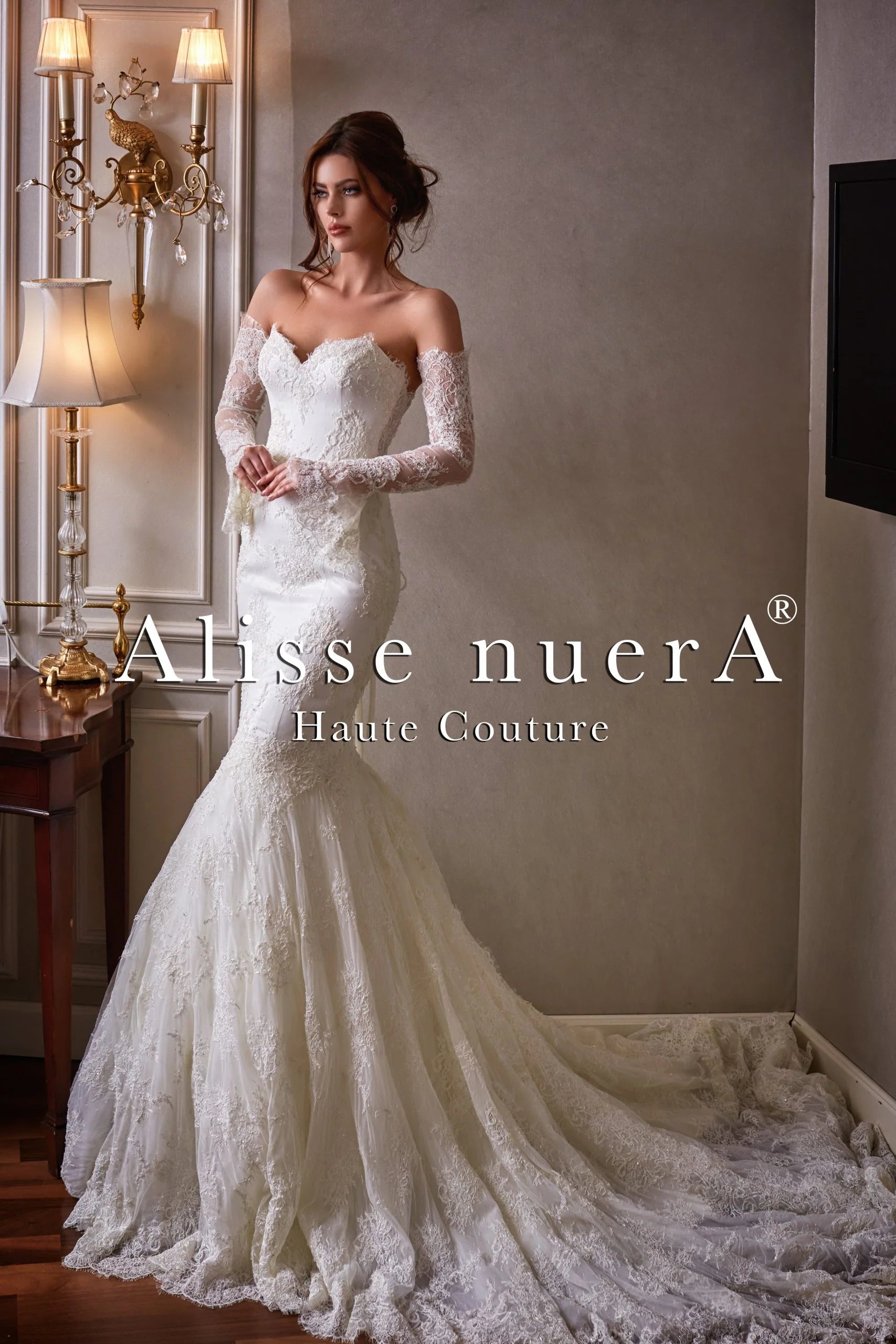 French Lace Strapless Sweetheart Mermaid Bridal Gown with Removable Lace Sleeves - Alisse Bridal Off White / French Lace / 4 French Lace Strapless Sweetheart Mermaid Bridal Gown with Removable Lace Sleeves - Alisse Bridal Off White / French Lace / 4