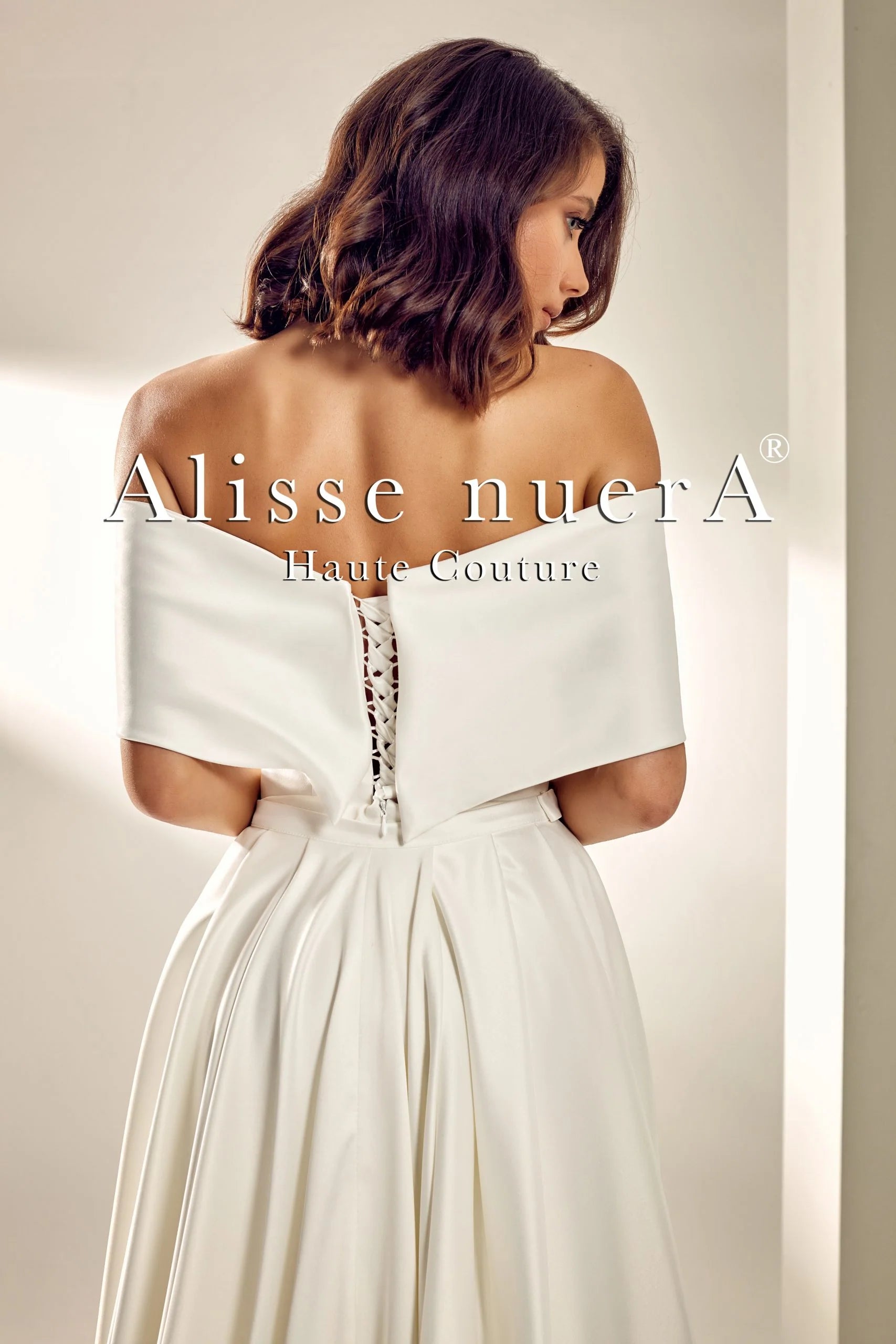 Ivory Satin Wrap Wedding Gown with Pleated Panel Train Ivory Satin Wrap Wedding Gown with Pleated Panel Train