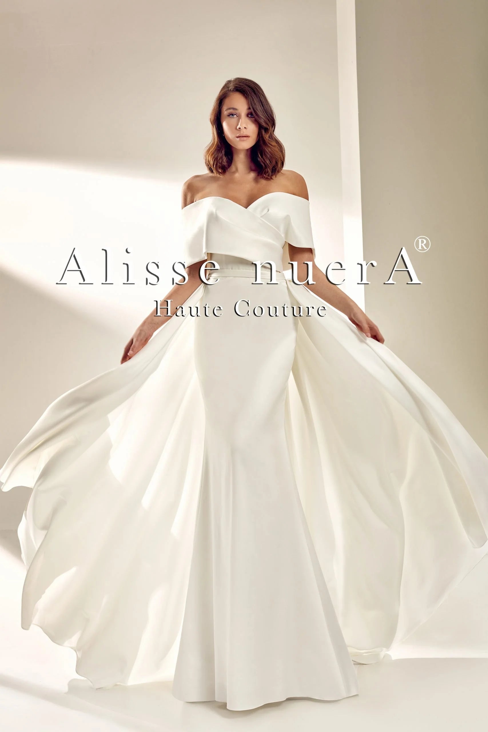 Ivory Satin Wrap Wedding Gown with Pleated Panel Train - Alisse Bridal Ivory / Satin / 28 Ivory Satin Wrap Wedding Gown with Pleated Panel Train - Alisse Bridal Ivory / Satin / 28
