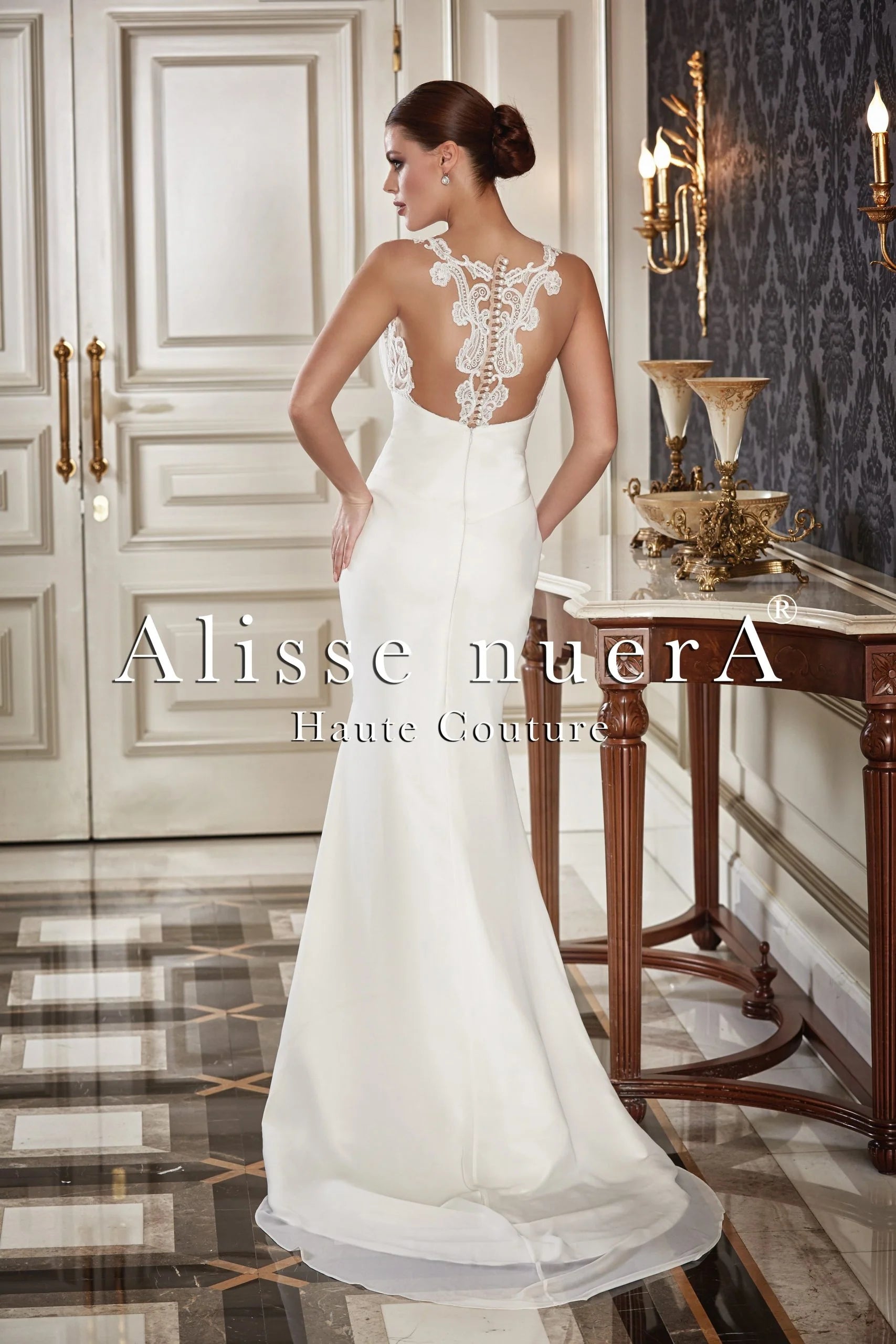 Lace Applique Halter Neck Satin Court Bridal Dress with Chiffon Watteau Train Cape - Alisse Bridal Off White / Satin