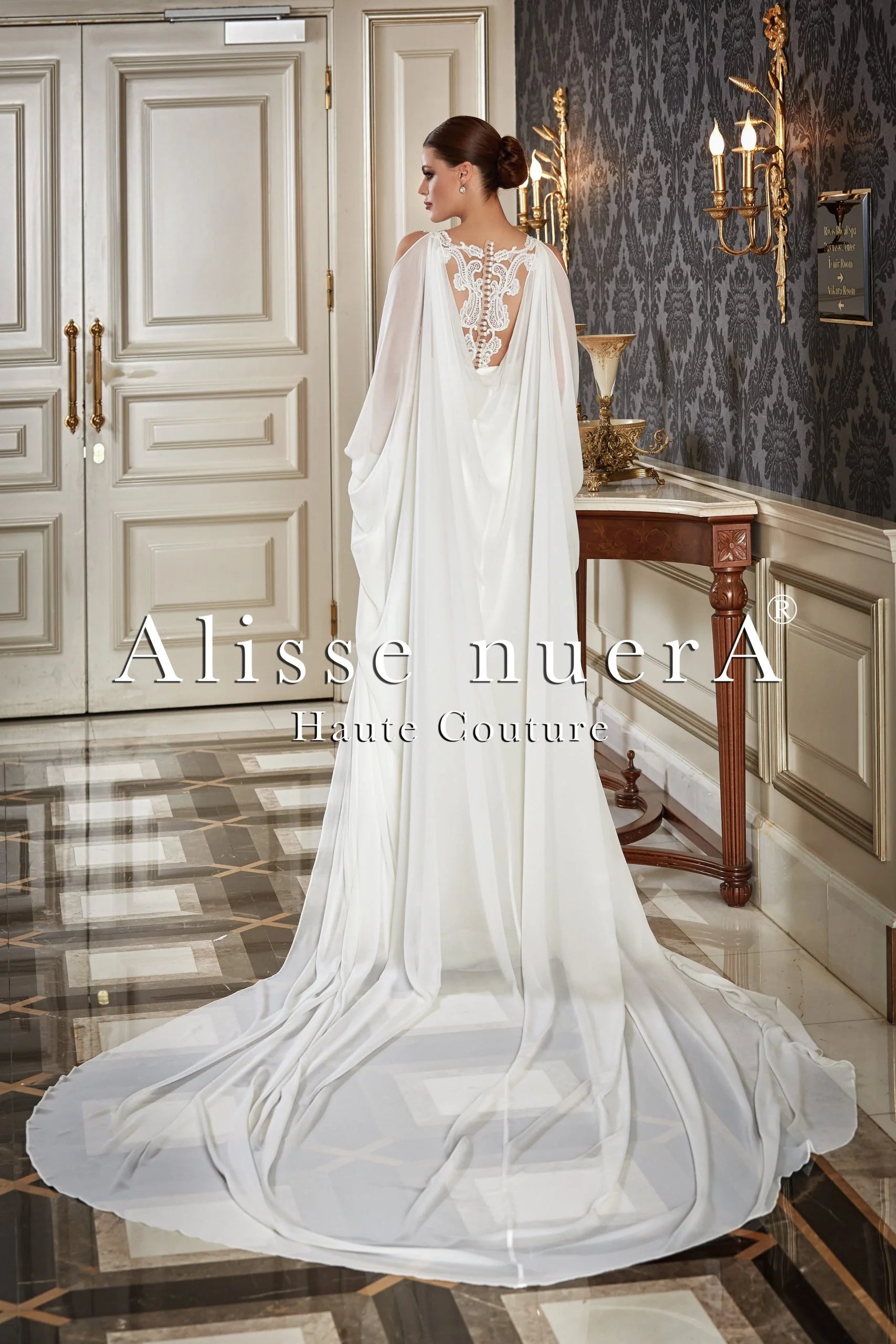 Lace Applique Halter Neck Satin Court Bridal Dress with Chiffon Watteau Train Cape - Alisse Bridal Off White / Satin - Chiffon / 16 Lace Applique Halter Neck Satin Court Bridal Dress with Chiffon Watteau Train Cape - Alisse Bridal Off White / Satin - Chiffon / 16