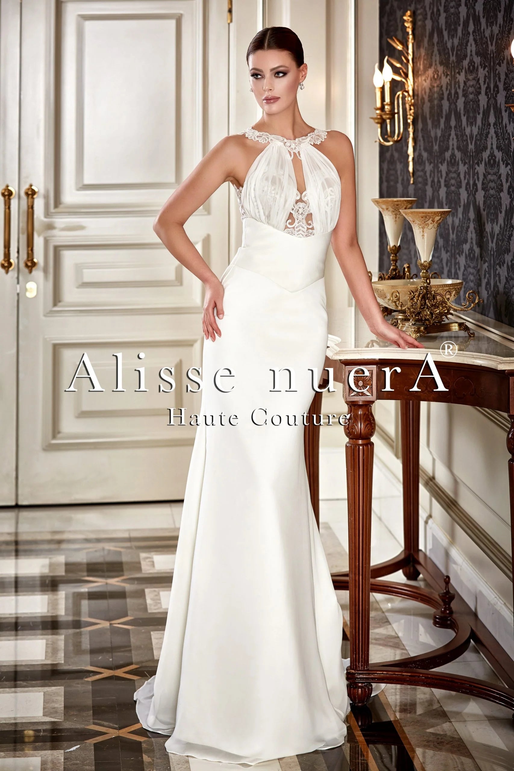 Lace Applique Halter Neck Satin Court Bridal Dress with Chiffon Watteau Train Cape - Alisse Bridal Off White / Satin - Chiffon / 16 Lace Applique Halter Neck Satin Court Bridal Dress with Chiffon Watteau Train Cape - Alisse Bridal Off White / Satin - Chiffon / 16