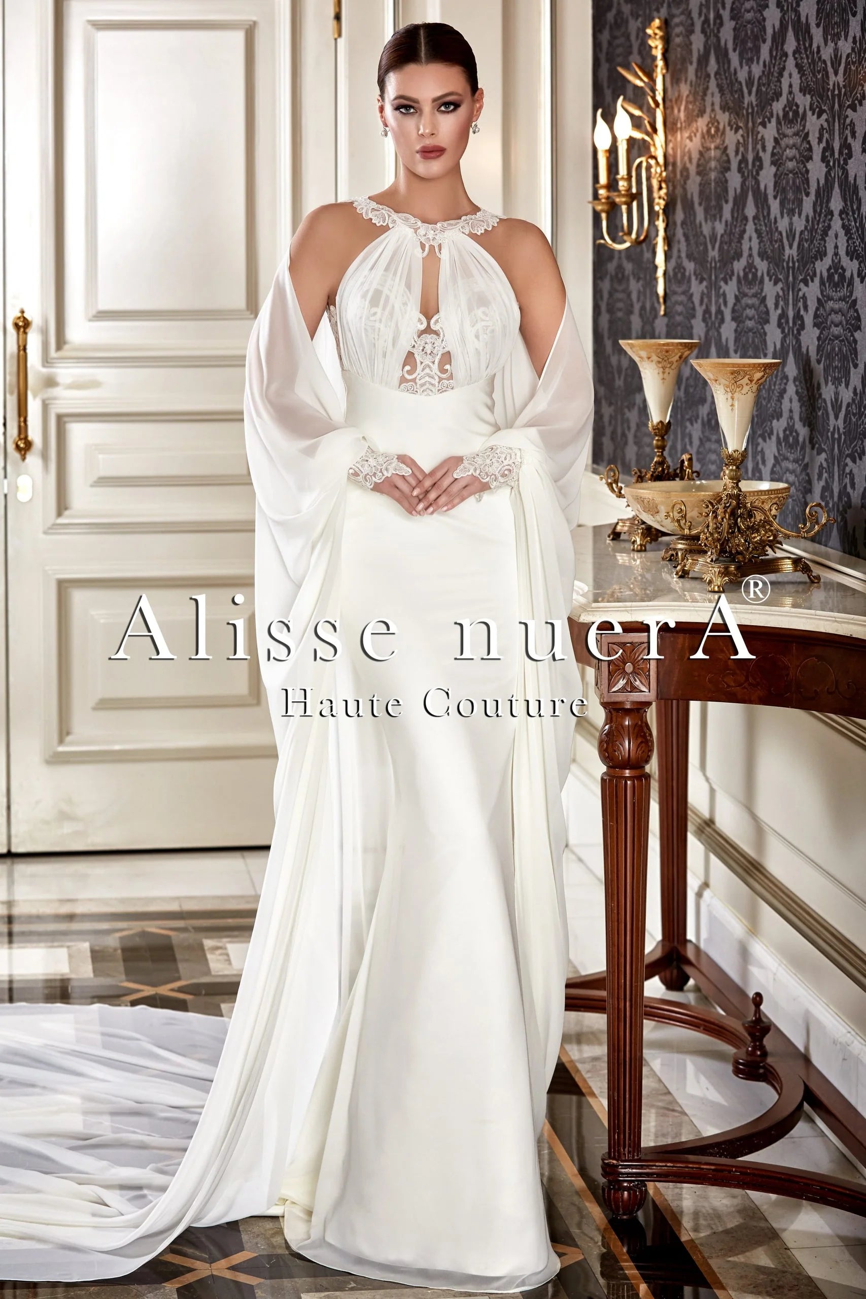 Lace Applique Halter Neck Satin Court Bridal Dress with Chiffon Watteau Train Cape - Alisse Bridal Off White / Satin - Chiffon / 16 Lace Applique Halter Neck Satin Court Bridal Dress with Chiffon Watteau Train Cape - Alisse Bridal Off White / Satin - Chiffon / 16