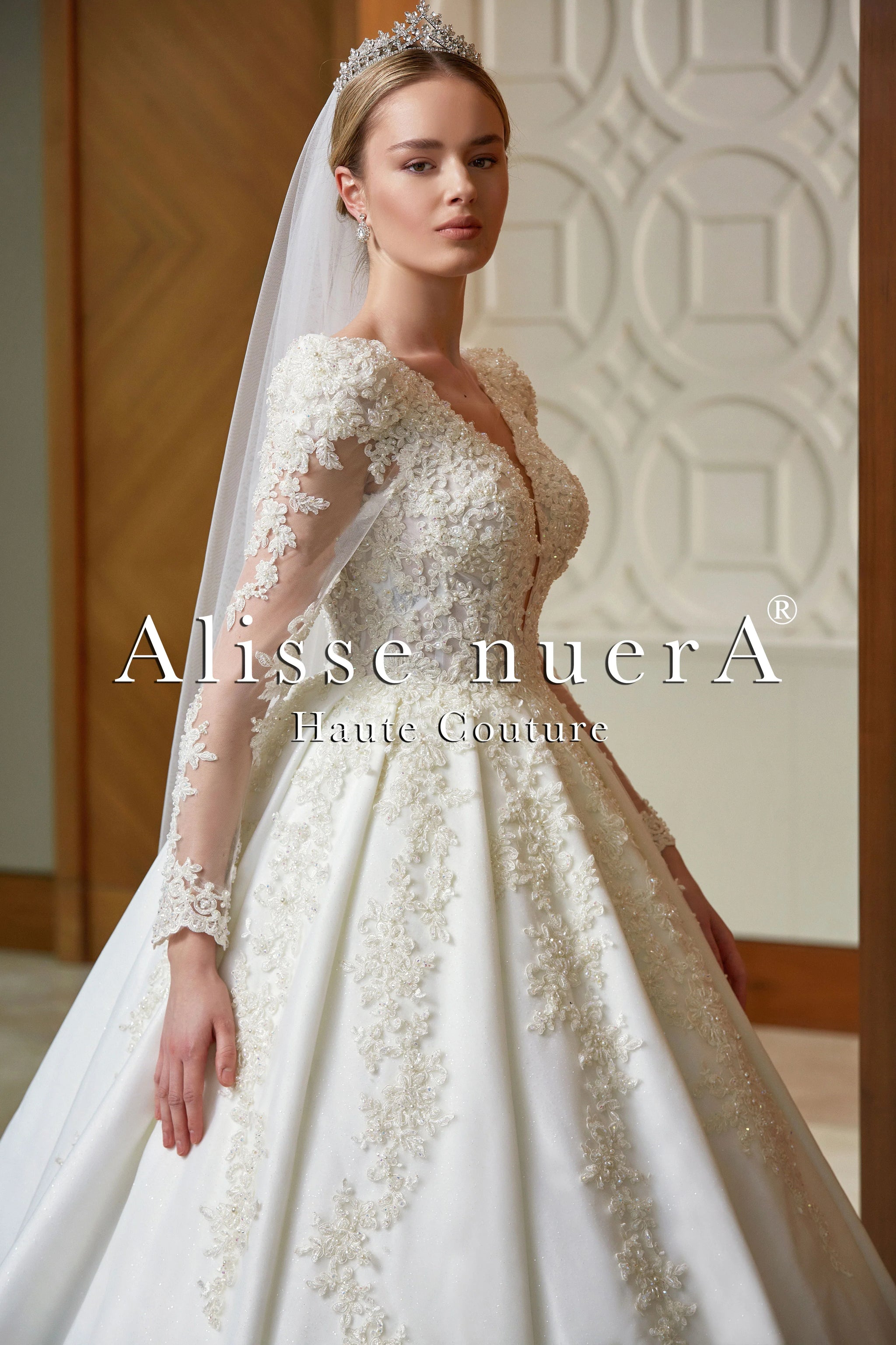 Long Sleeve Deep V Back Pleated Princess Wedding Dress with Shoulder  Padding
