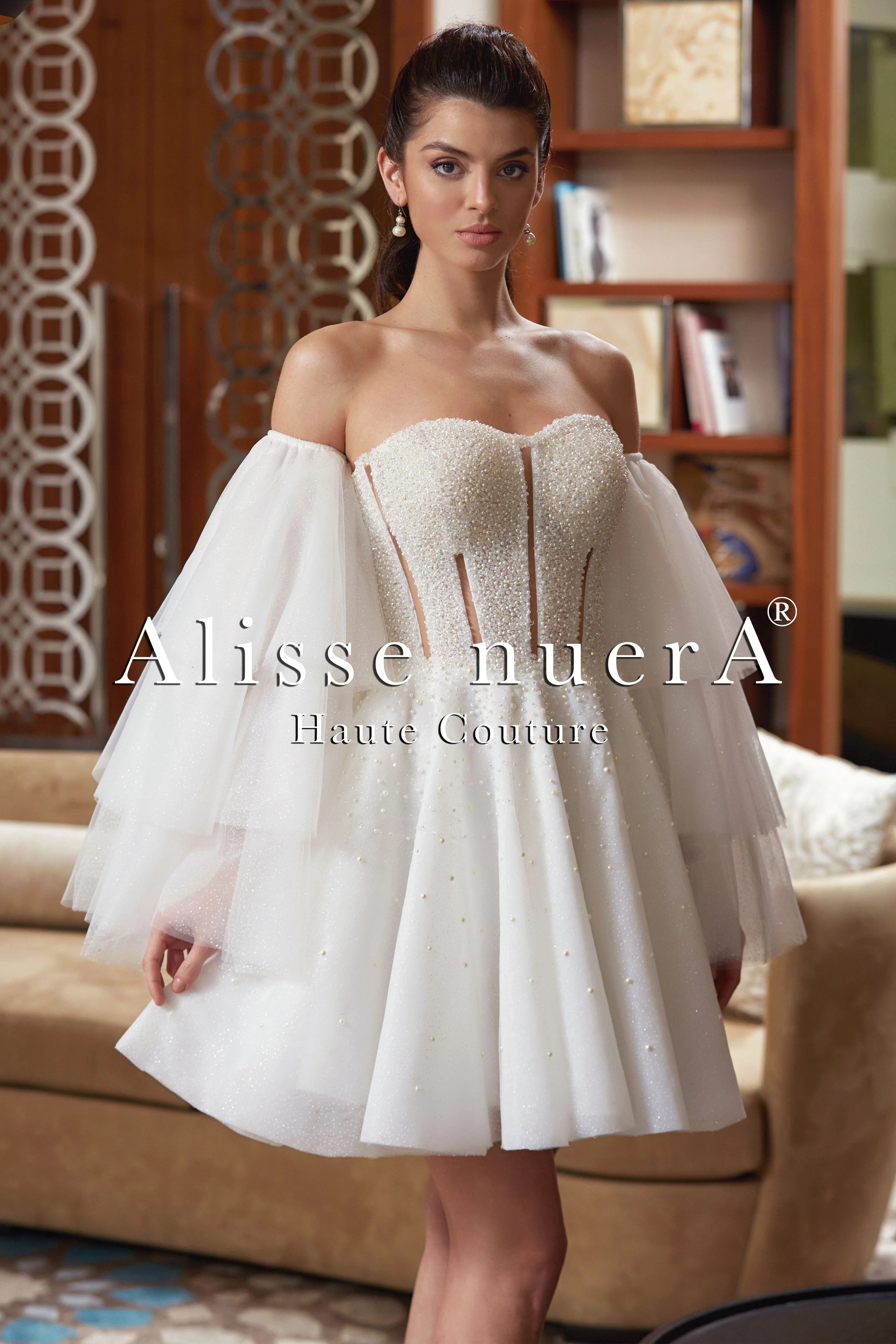 Long Sleeve Strapless Sweetheart Neck Mini Wedding Dress Model - Alisse Bridal 12 Long Sleeve Strapless Sweetheart Neck Mini Wedding Dress Model - Alisse Bridal 12