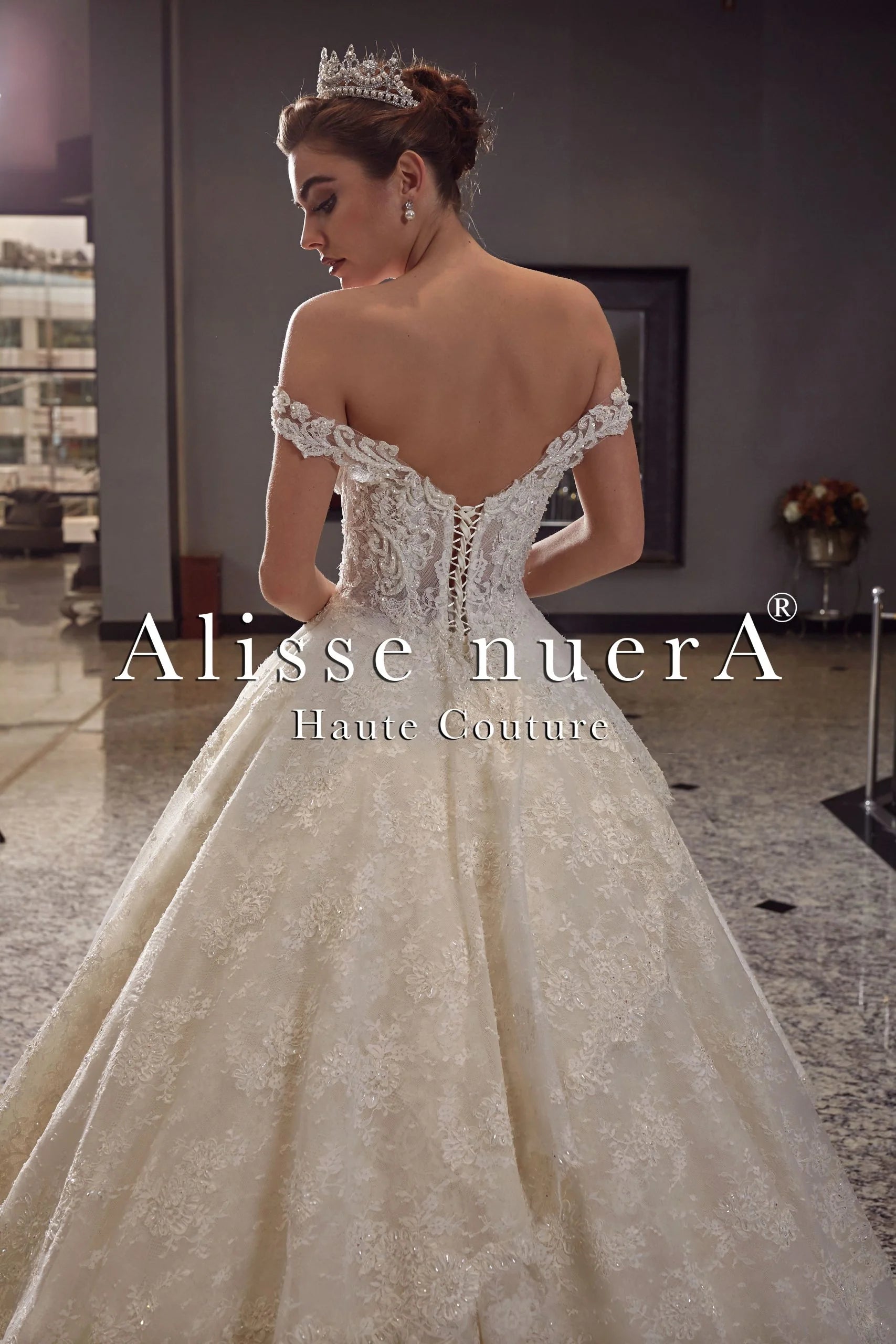 Off Shoulder A Line Asymmetric Layered Lace Skirt Bridal Gown - Alisse Bridal Ivory / Lace / 20 Off Shoulder A Line Asymmetric Layered Lace Skirt Bridal Gown - Alisse Bridal Ivory / Lace / 20