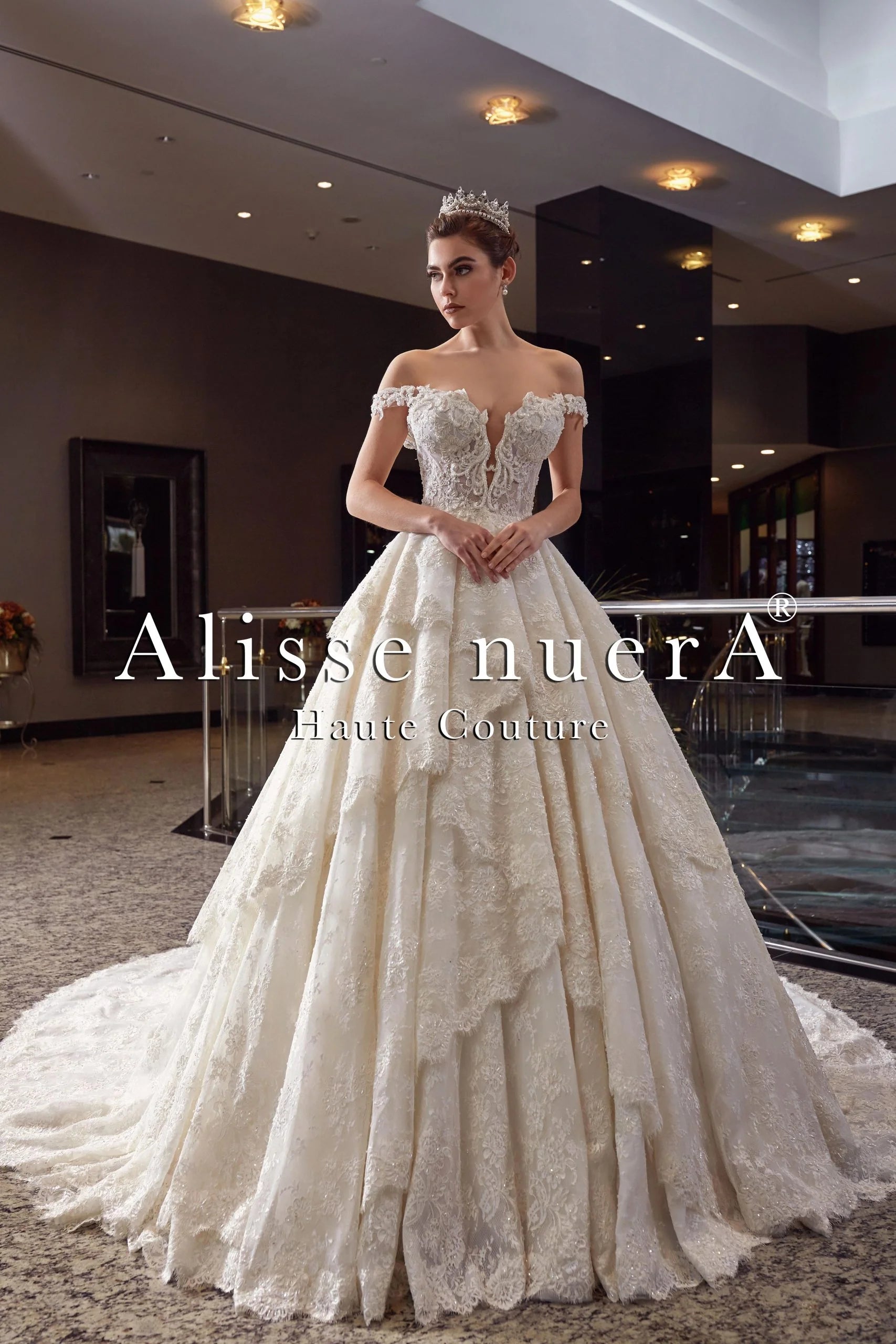 Off Shoulder A Line Asymmetric Layered Lace Skirt Bridal Gown - Alisse Bridal Off Shoulder A Line Asymmetric Layered Lace Skirt Bridal Gown - Alisse Bridal