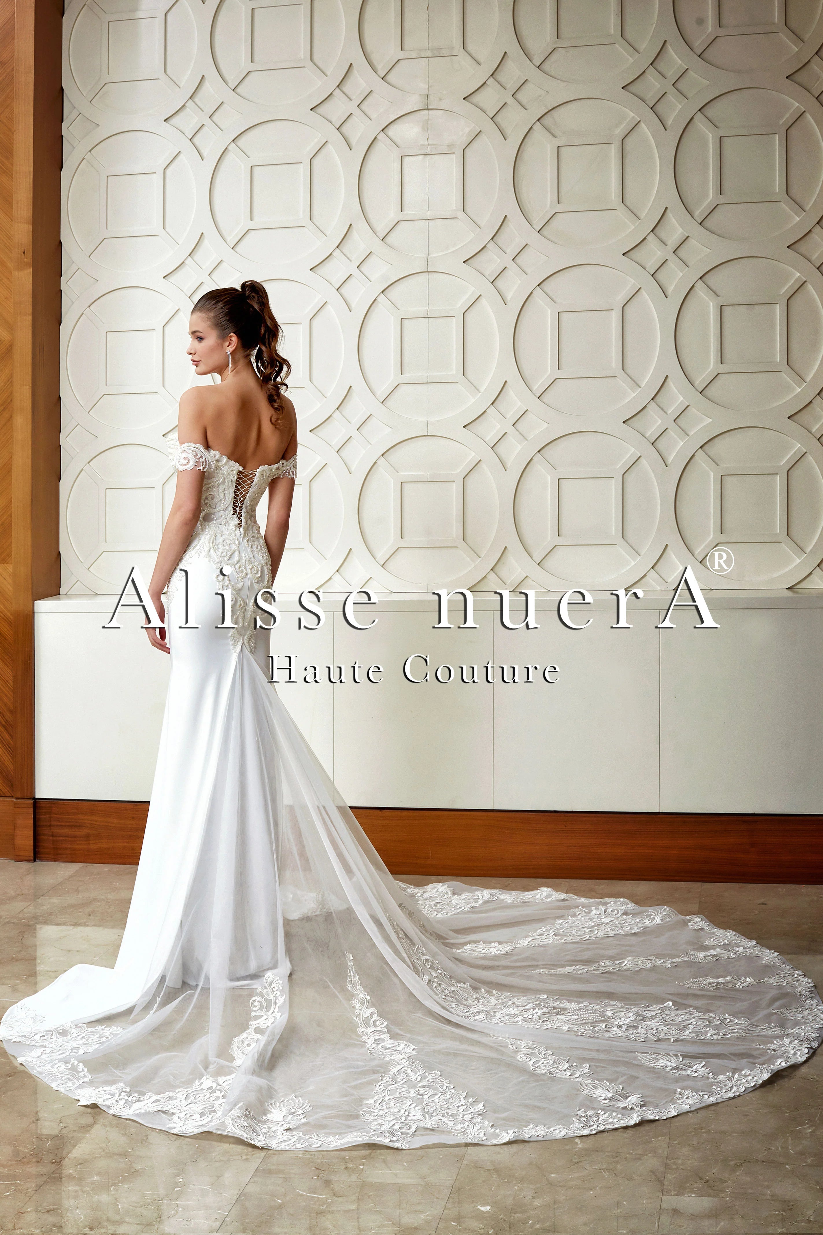 Off Shoulder Applique Lace Fishtail Bridal Gown with Train - Alisse Bridal Off White / Lace - Satin / 16 Off Shoulder Applique Lace Fishtail Bridal Gown with Train - Alisse Bridal Off White / Lace - Satin / 16