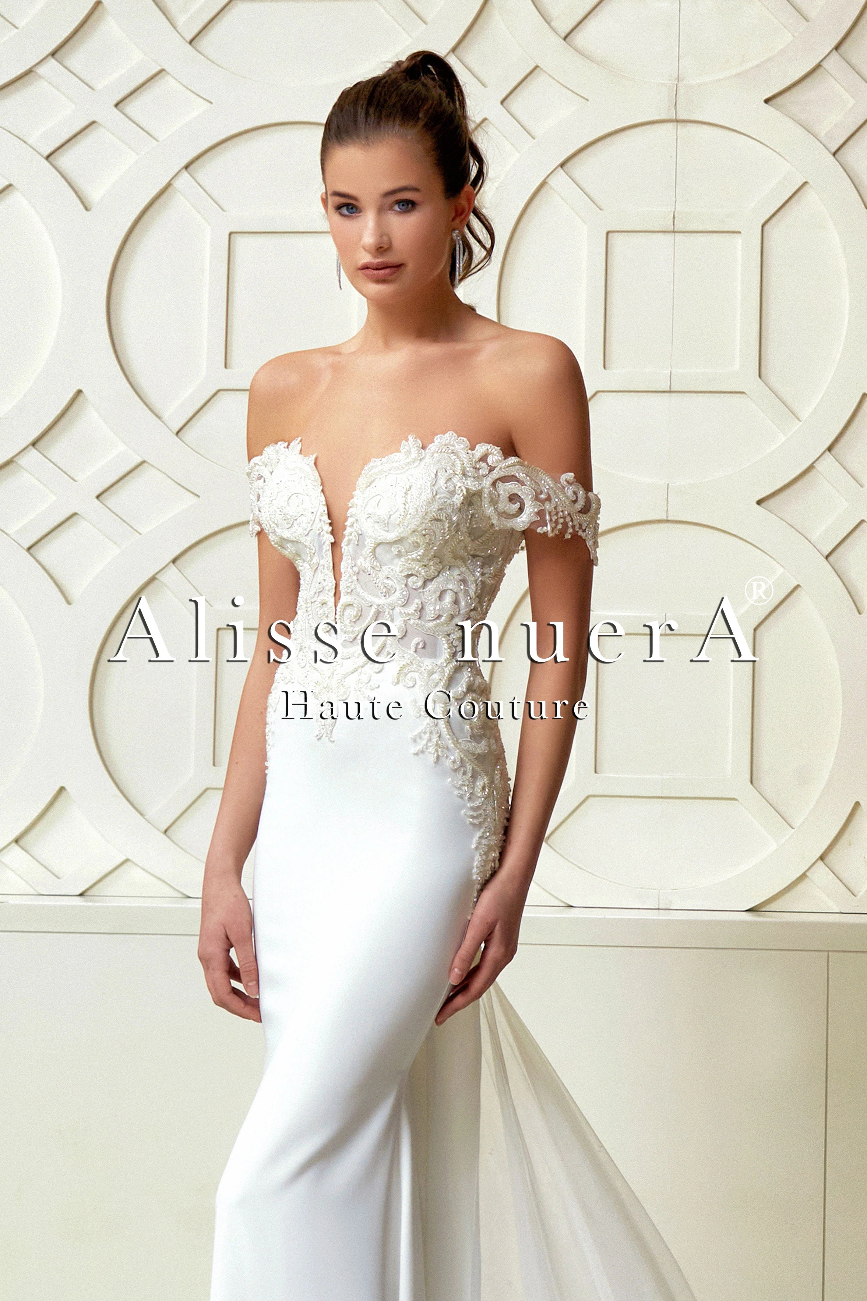 Off Shoulder Applique Lace Fishtail Bridal Gown with Train Alisse nuerA Alisse nuerA USA