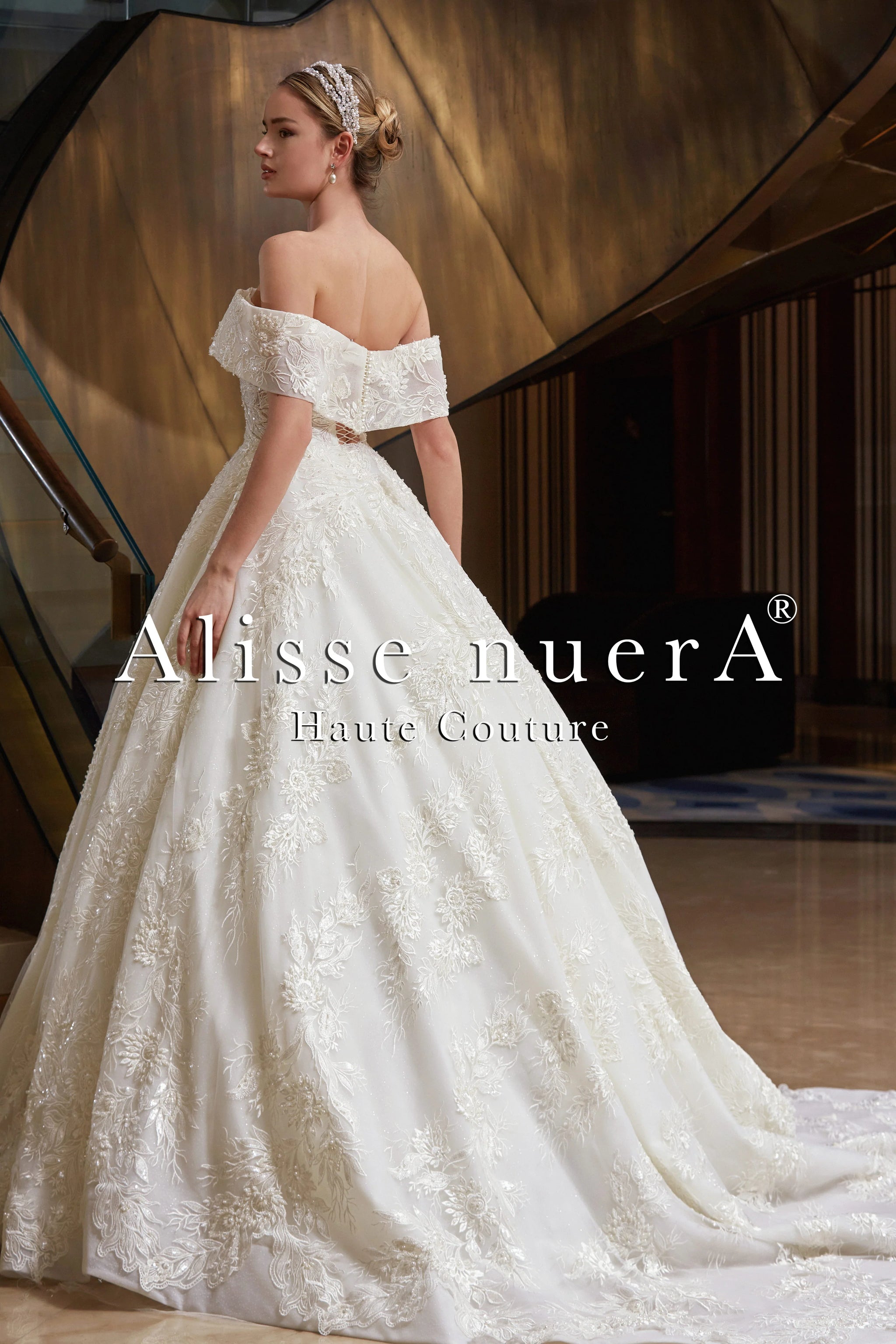 Off Shoulder Floral Lace Rustic Ivory Princess Wedding Dress